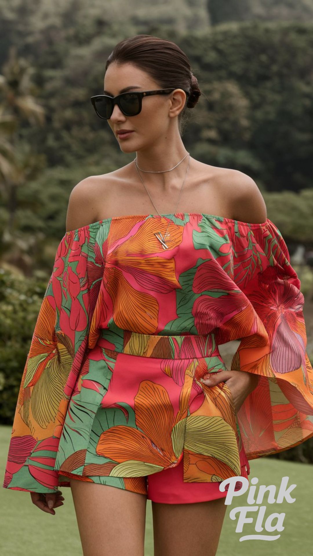 Bold Off-Shoulder Top and Shorts Set - Hawaii Vacation Outfits