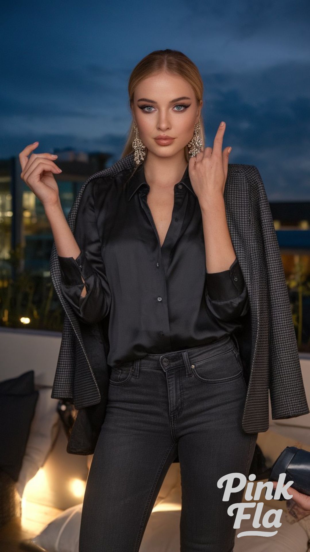 Dark Grey Jeans with Black Silk Blouse - Dark Grey Jeans Outfit Ideas
