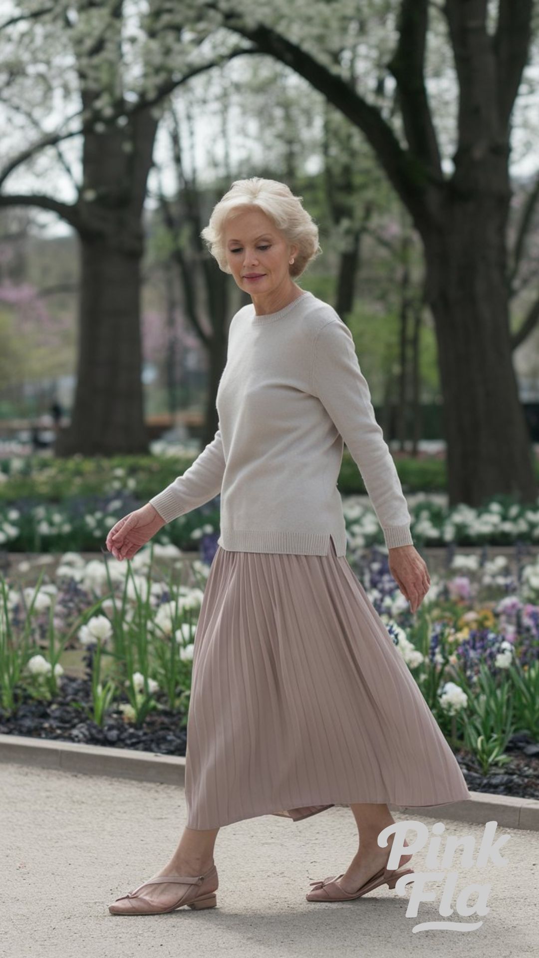 Delicate Comfort in Neutral Knitwear and a Pleated Skirt - Spring Outfits for Senior Women