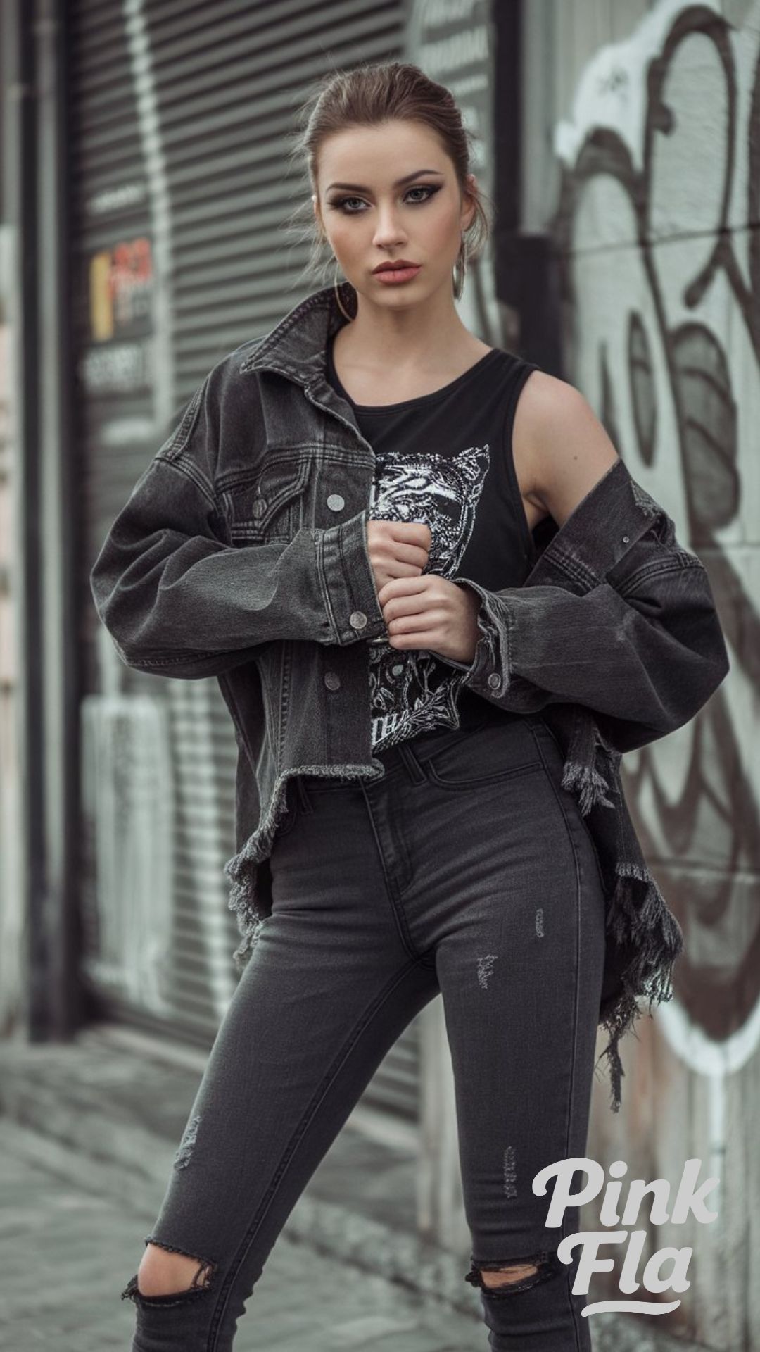 Edgy Vibes with Dark Grey Jeans and a Graphic Tank - Dark Grey Jeans Outfit Ideas
