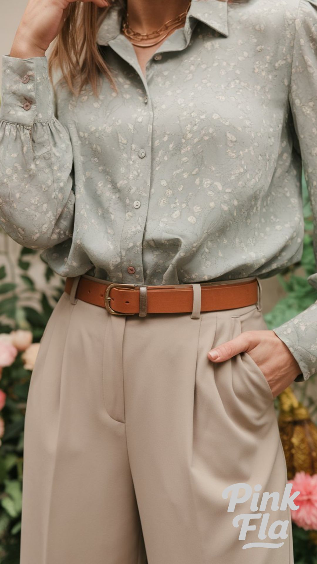 Green Floral Blouse with Tailored Beige Trousers - Business Casual Spring Outfits
