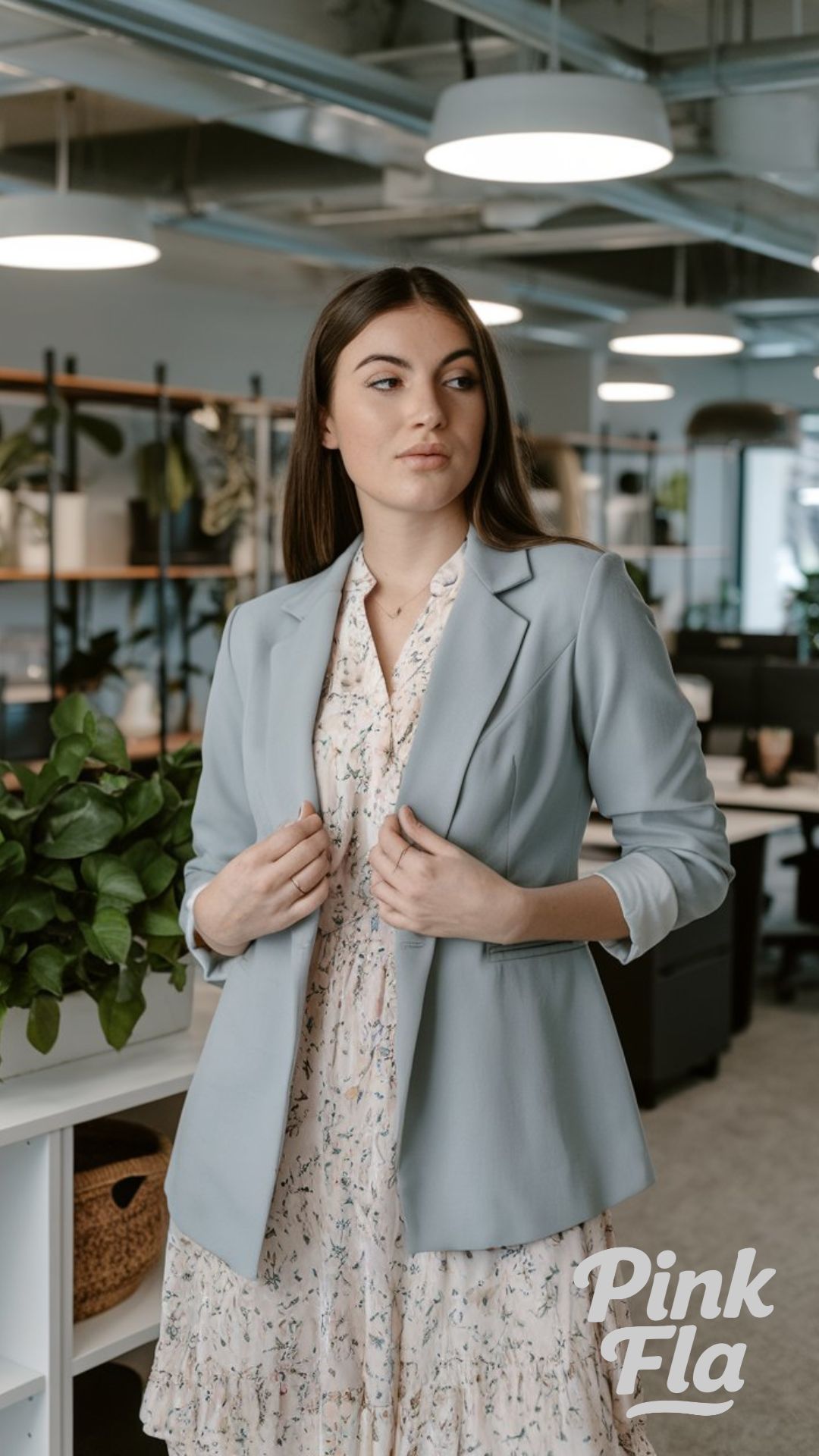 Light Blue Blazer and Floral Dress for a Polished Office Look - Business Casual Spring Outfits