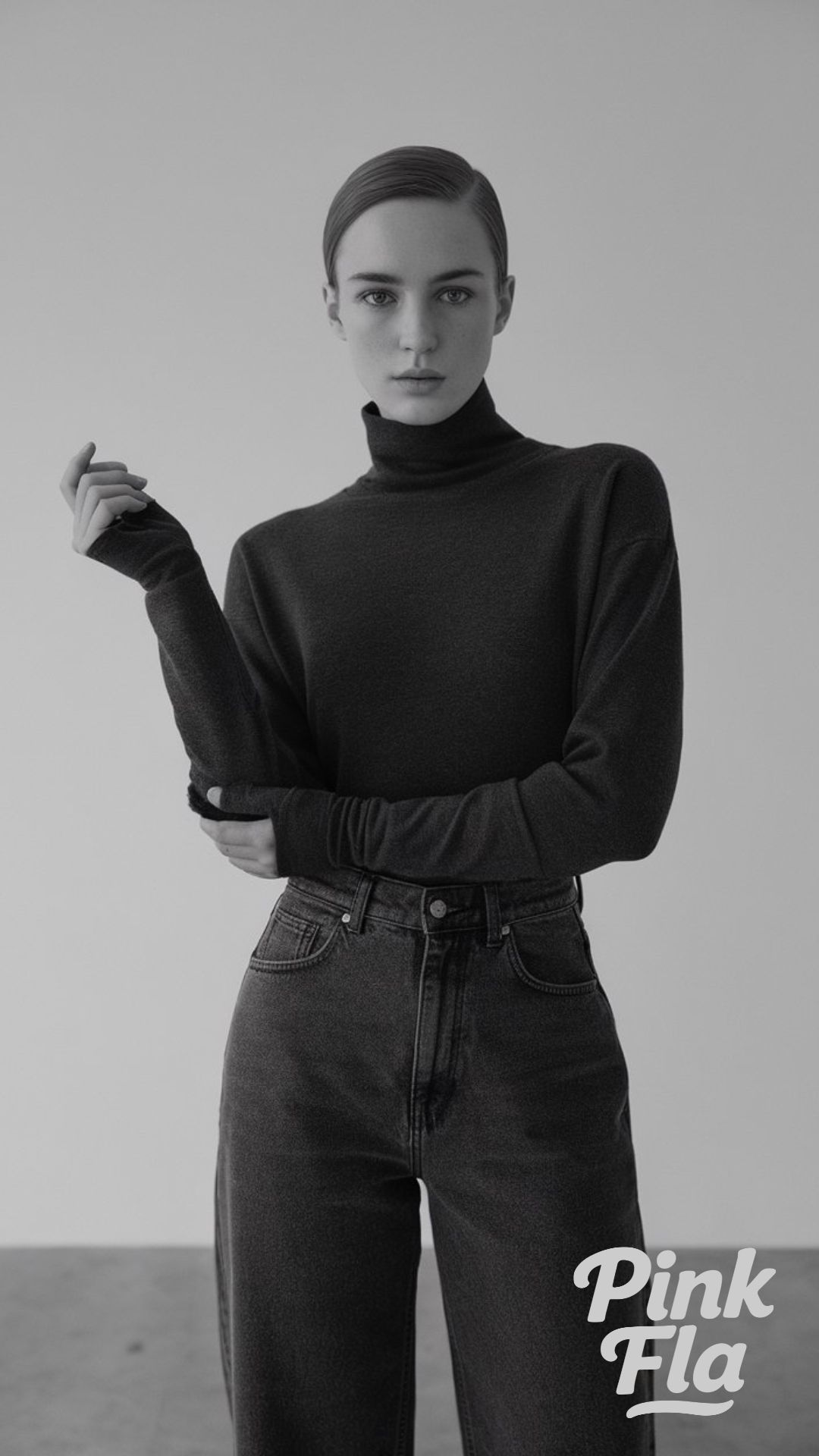 Minimalist Dark Grey Jeans with Black Turtleneck - Dark Grey Jeans Outfit Ideas