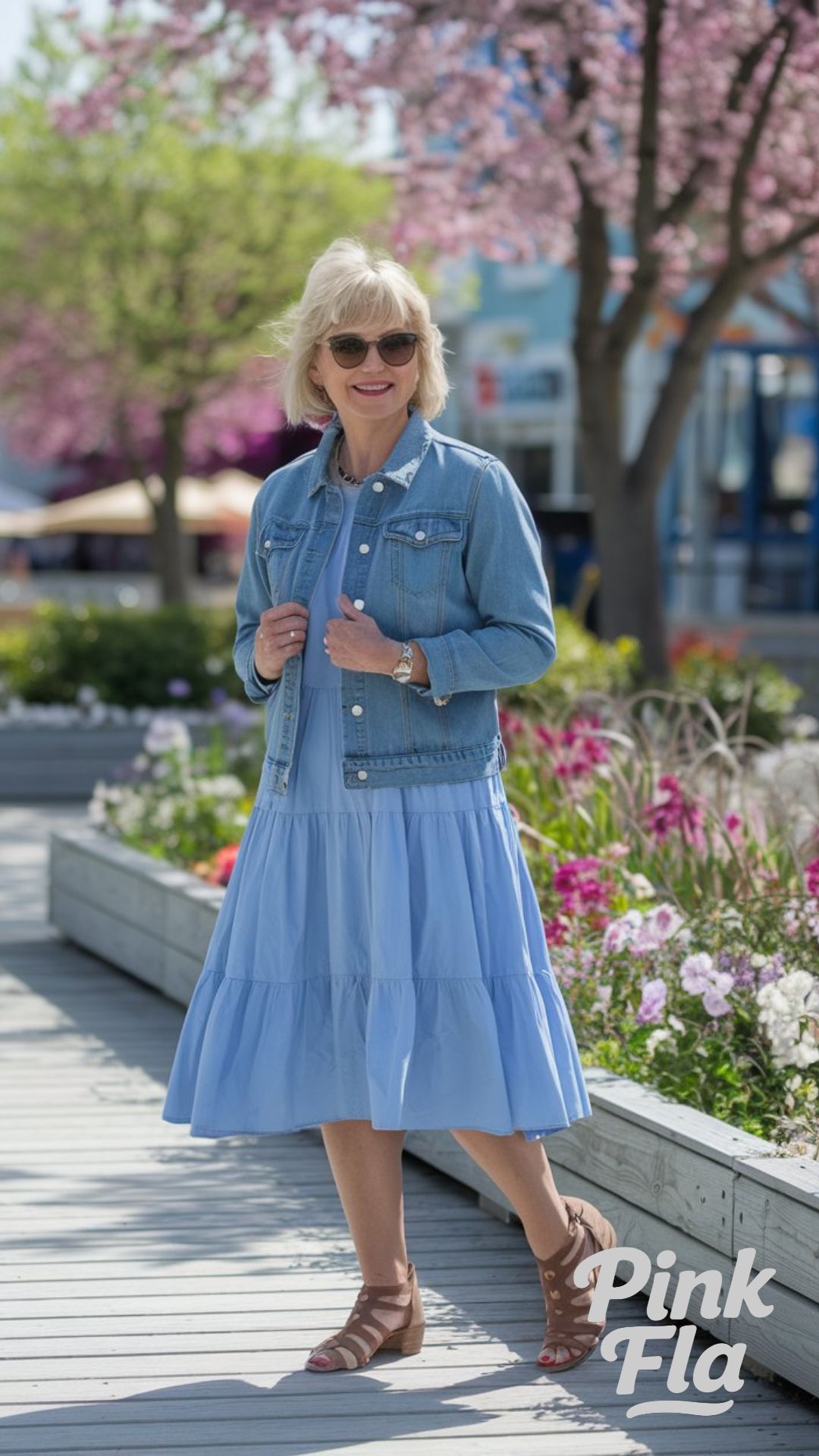 Playful Charm in a Denim Jacket and Tiered Dress - Spring Outfits for Senior Women