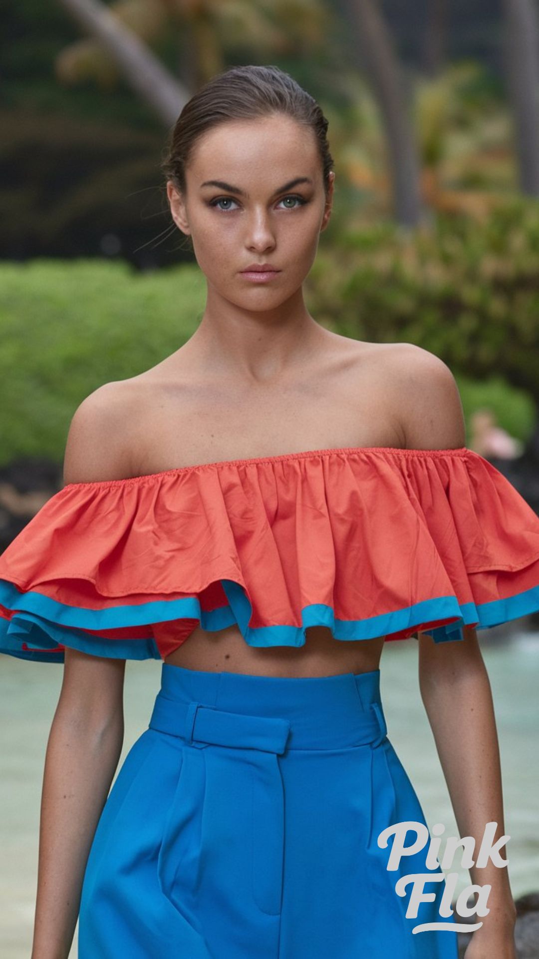 Ruffled Off-Shoulder Crop Top and High-Waisted Pants - Hawaii Vacation Outfits