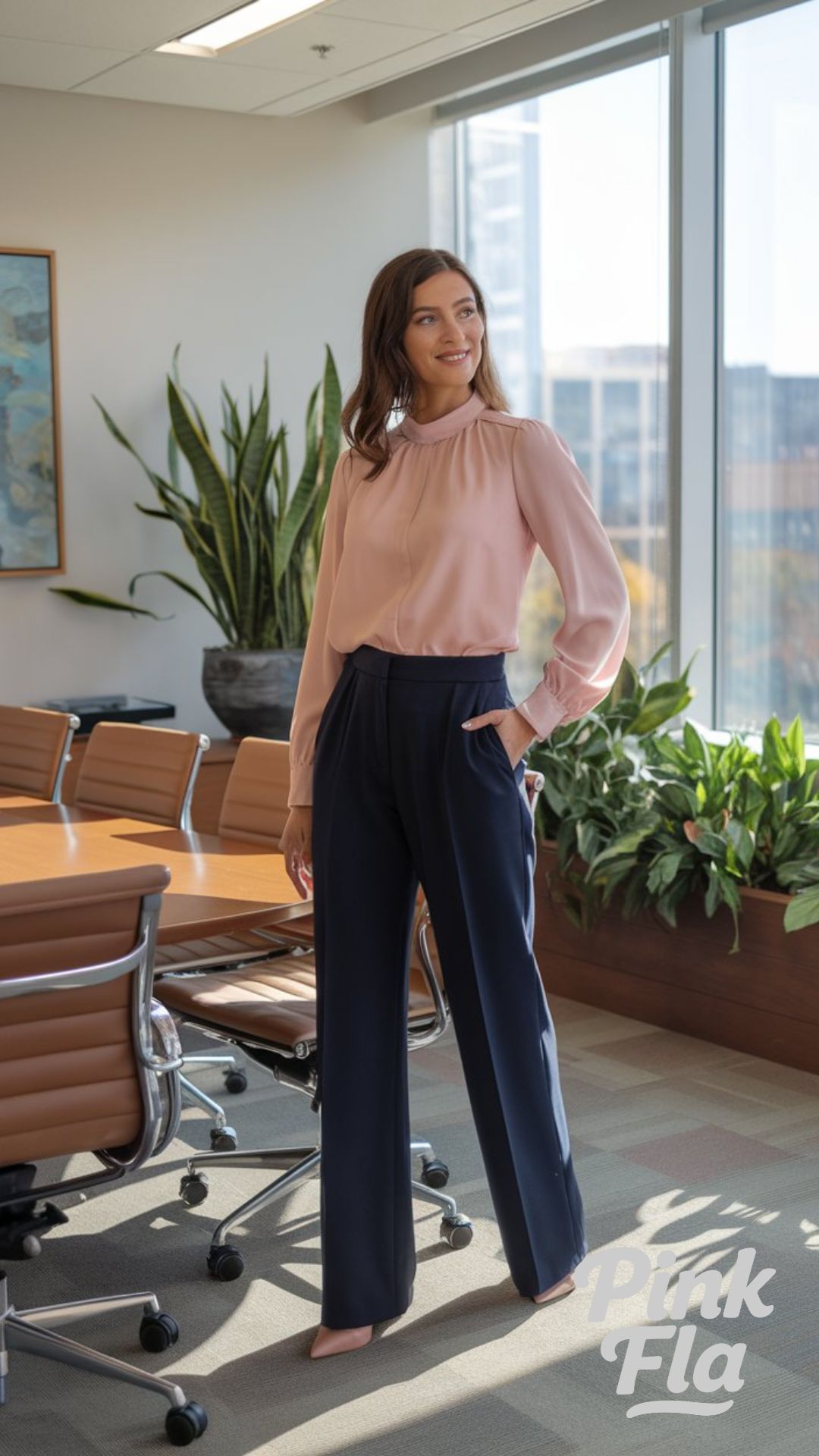 Soft Pink Blouse and Navy Pants for a Spring Business Look - Business Casual Spring Outfits