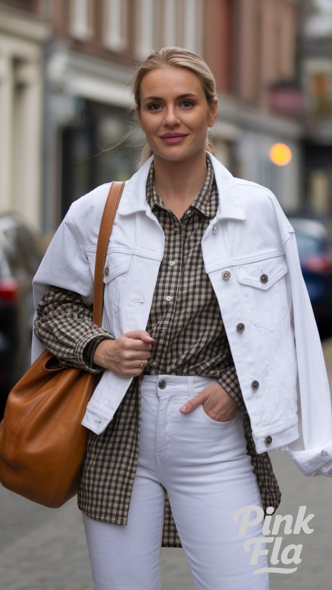 Timeless Gingham Charm with White-on-White Layers - White Jeans Jacket Outfit Ideas