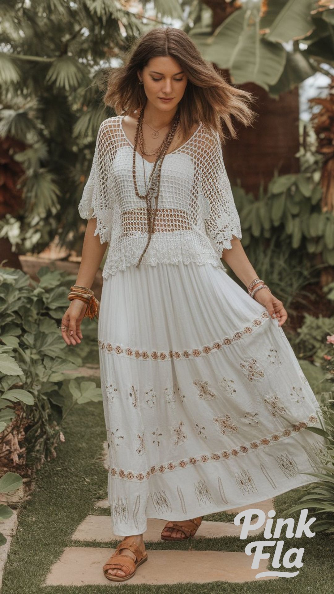 Bohemian Crochet Top with Embroidered Maxi Skirt - White Skirt Outfit Ideas
