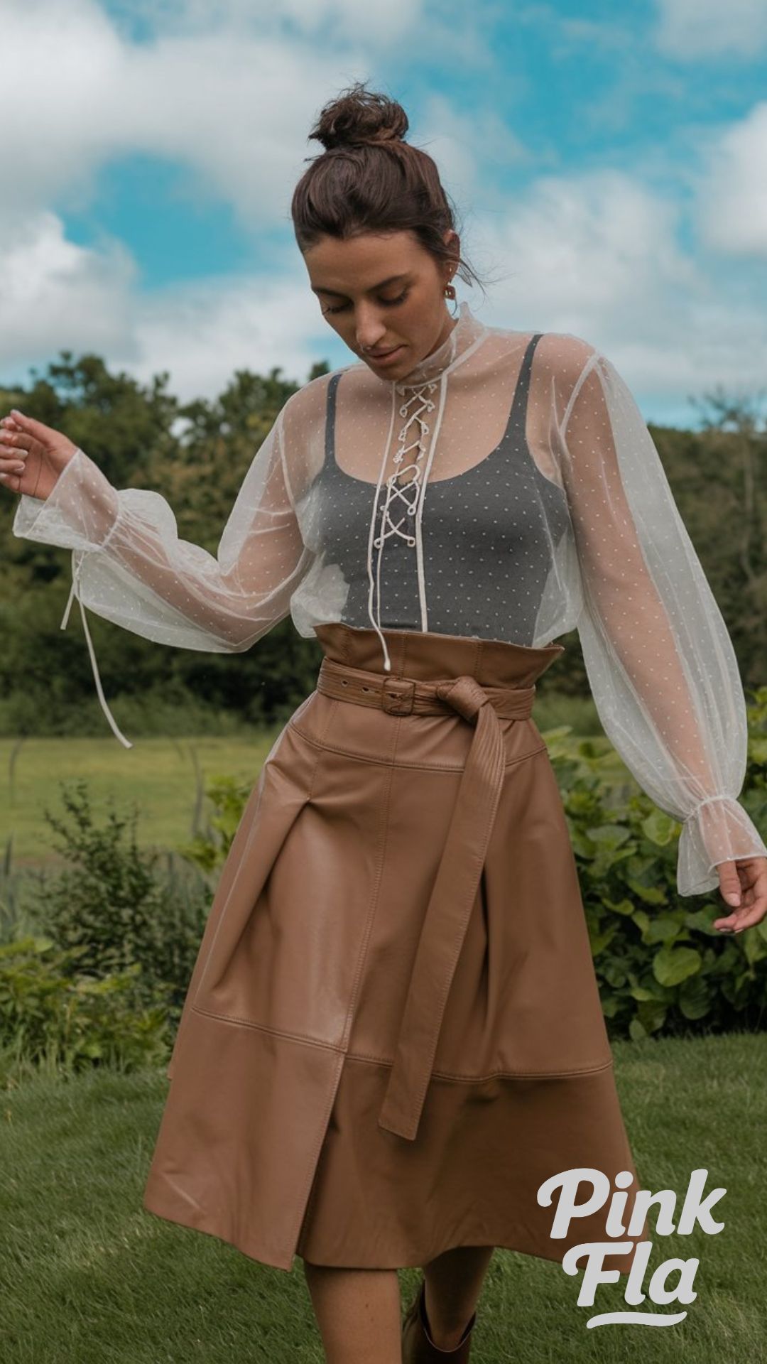 Delicate Sheer Top Paired with Bold Leather Skirt - Outfits for Humid Weather