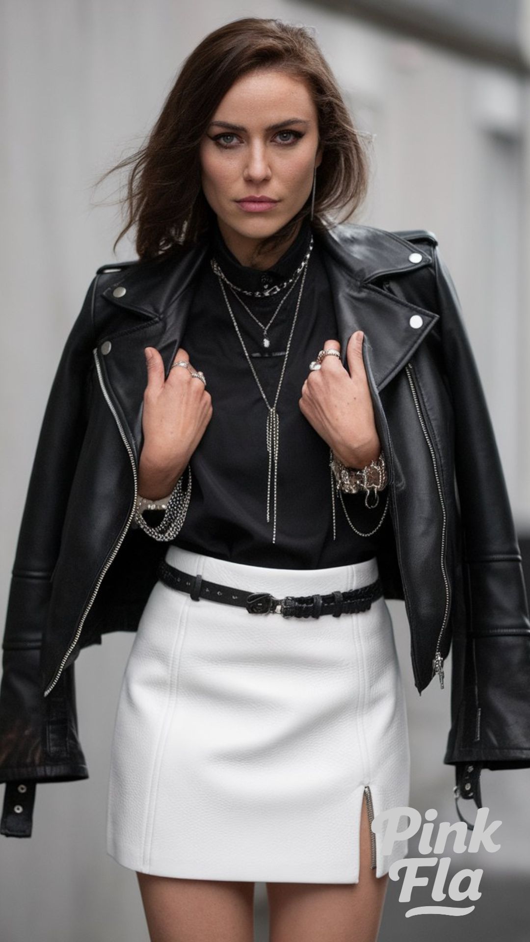 Edgy Black Leather Jacket with White Mini Skirt - White Skirt Outfit Ideas