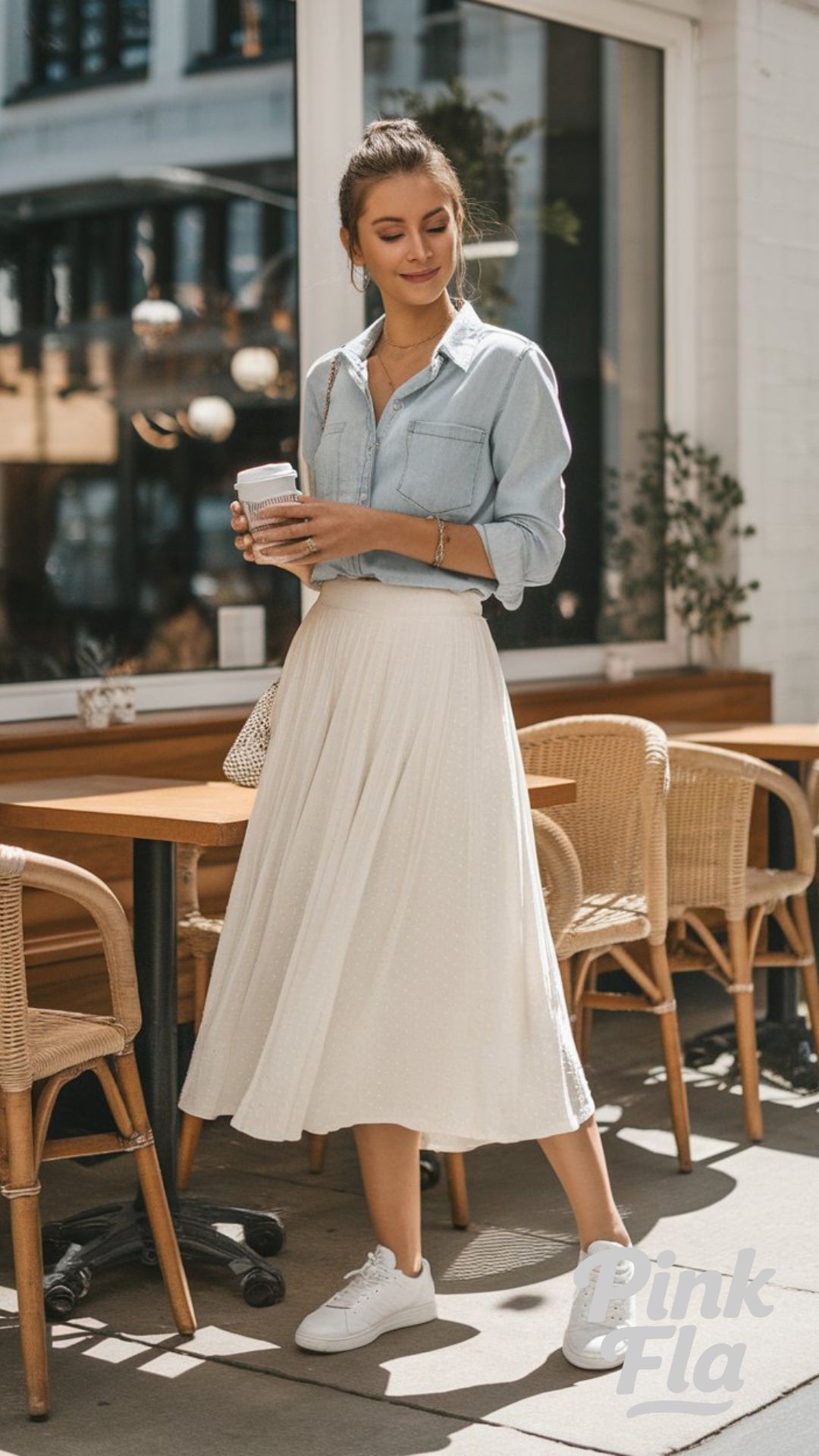 Effortless Chic: Denim Shirt with Flowing Midi Skirt - White Skirt Outfit Ideas