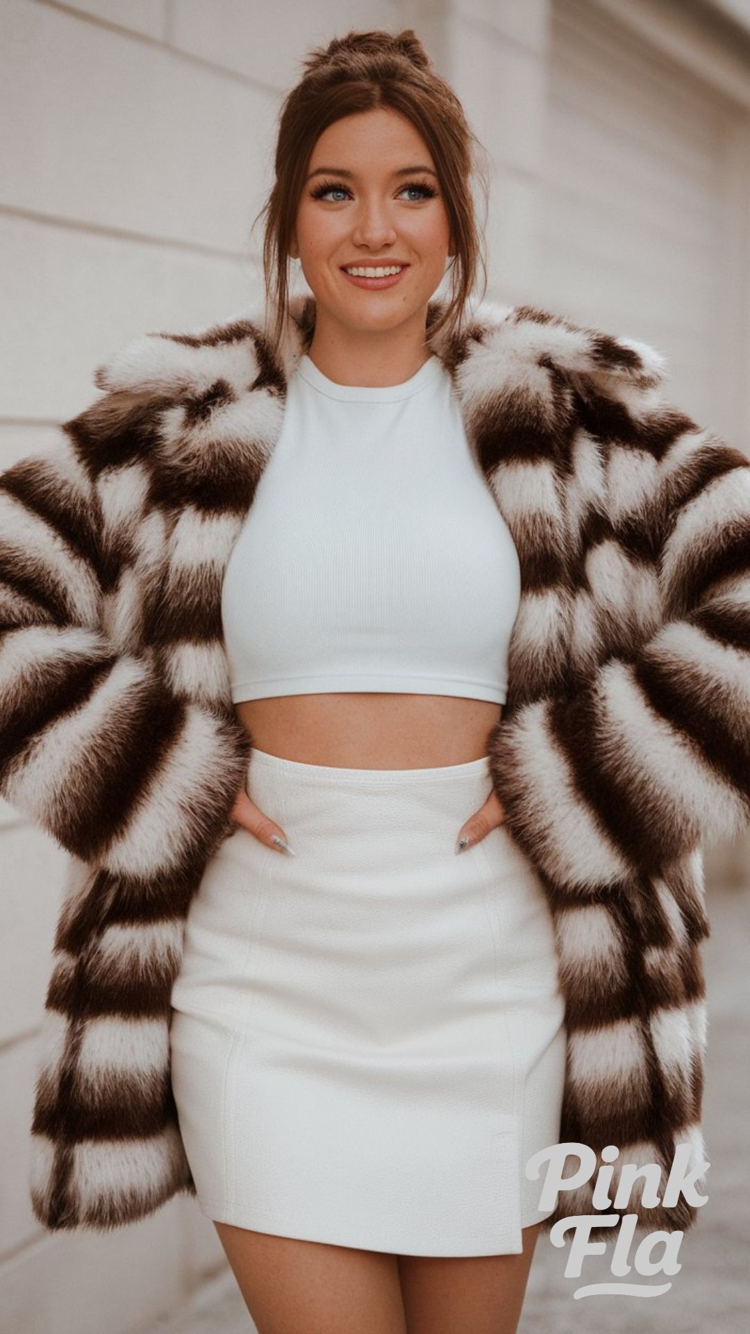 Statement Fur Coat with White Crop Top and Skirt - White Skirt Outfit Ideas