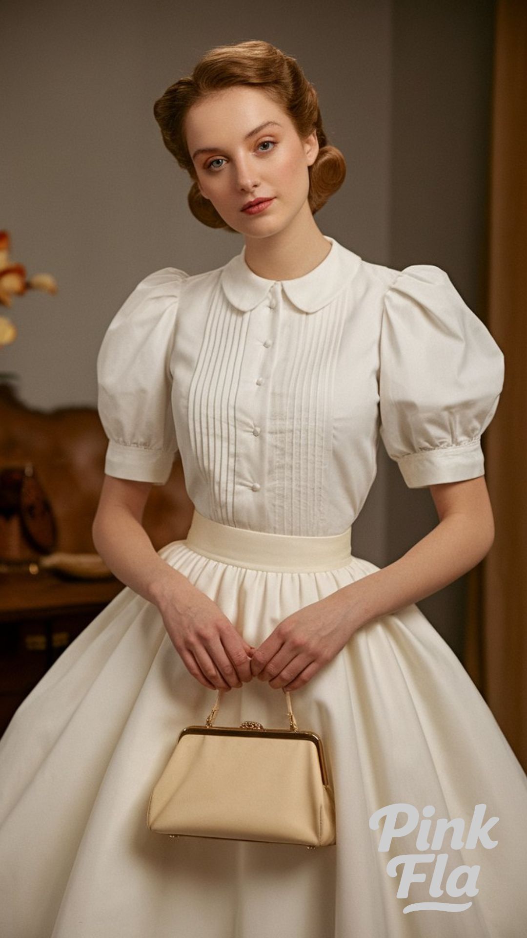 Vintage-Inspired Puff Sleeve Blouse with Full Skirt - White Skirt Outfit Ideas