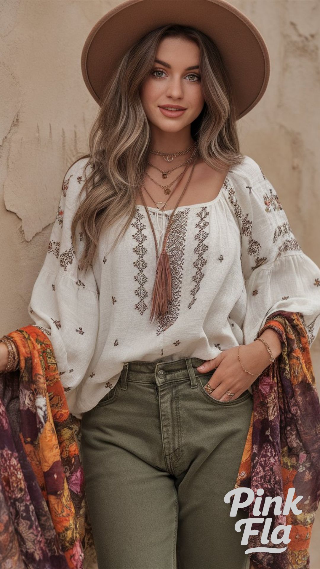 Bohemian Green Jeans and Embroidered Blouse Look - Green Jeans Outfits