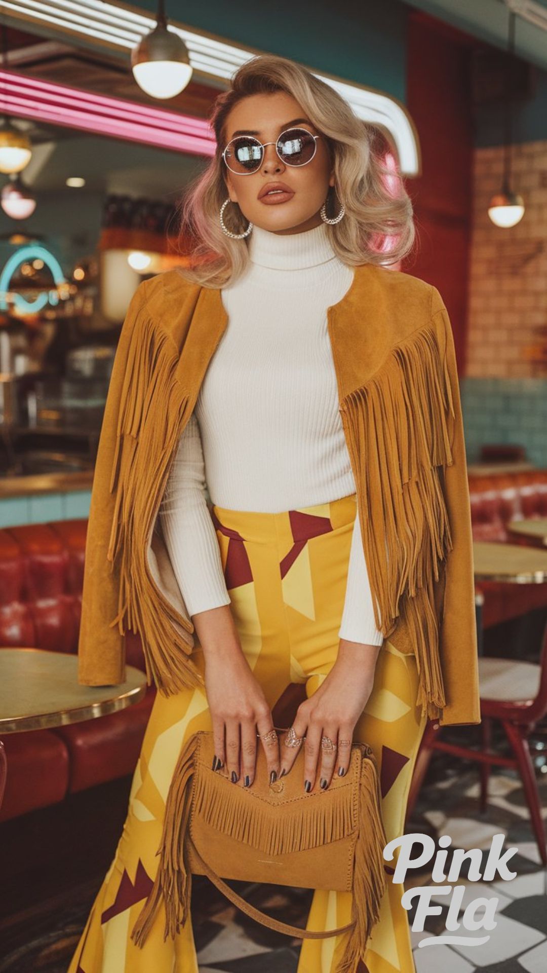 Bold Retro Look with Fringe and Patterns - Yellow Pants Outfit Ideas