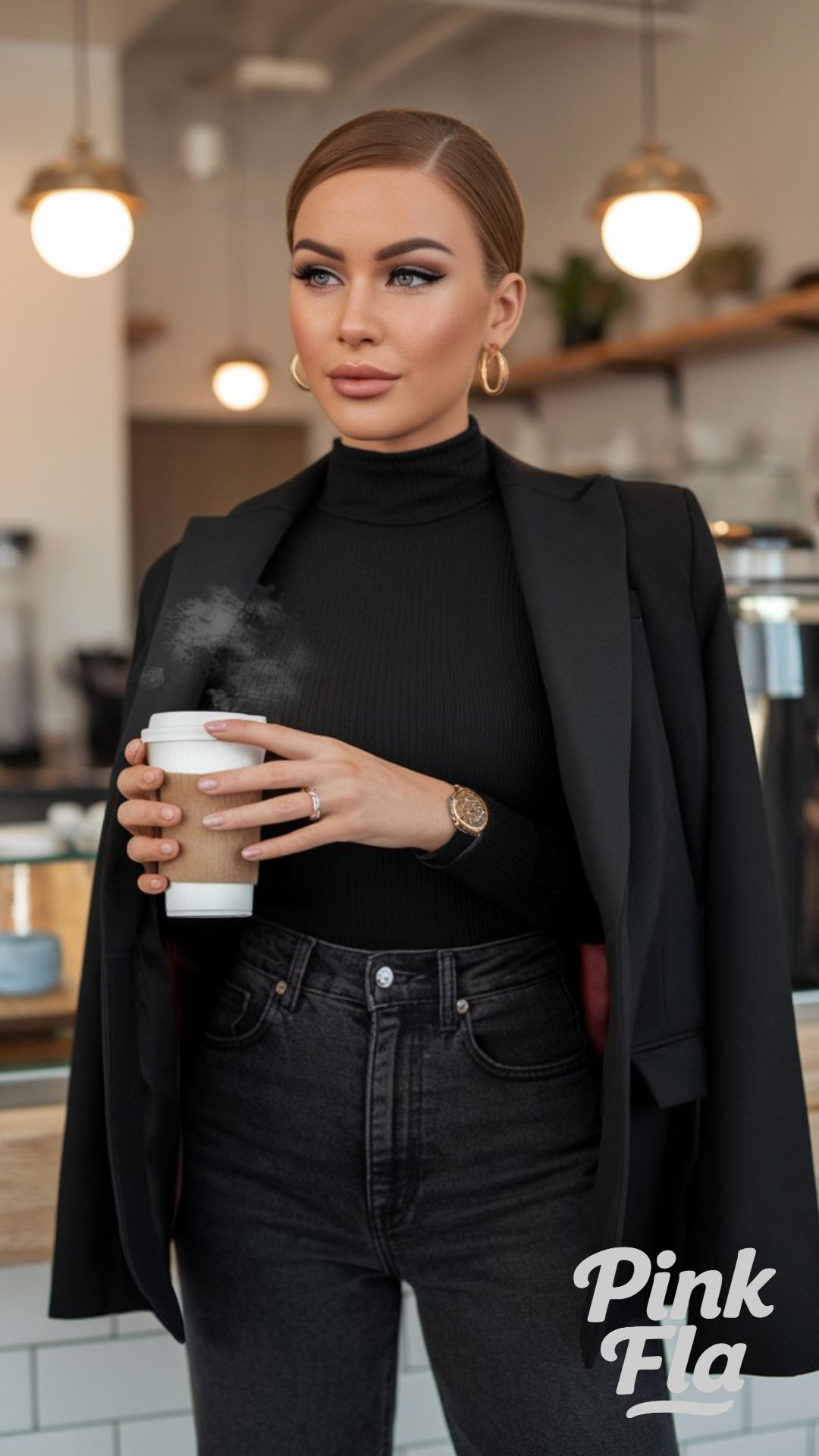 Chic Coffee Date Look with a Black Blazer - Dark Denim Jeans Outfit