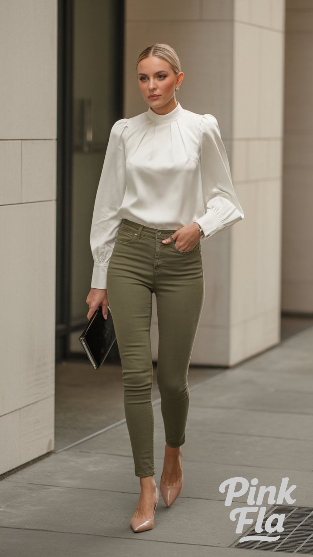 Classic High-Neck Blouse with Olive Green Jeans - Green Jeans Outfits