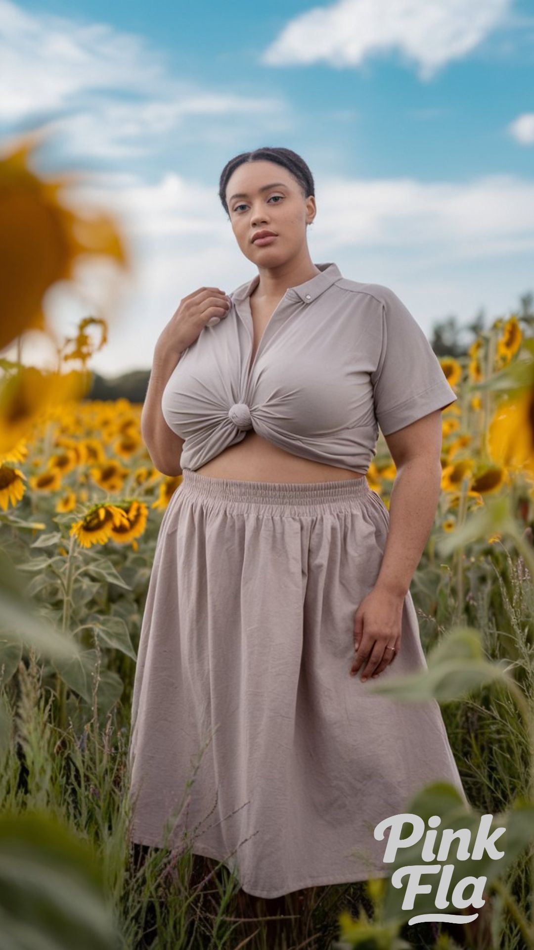 Easy Grace in Neutrals: A Sunflower Field Moment - Plus Size Summer Outfits with Skirt