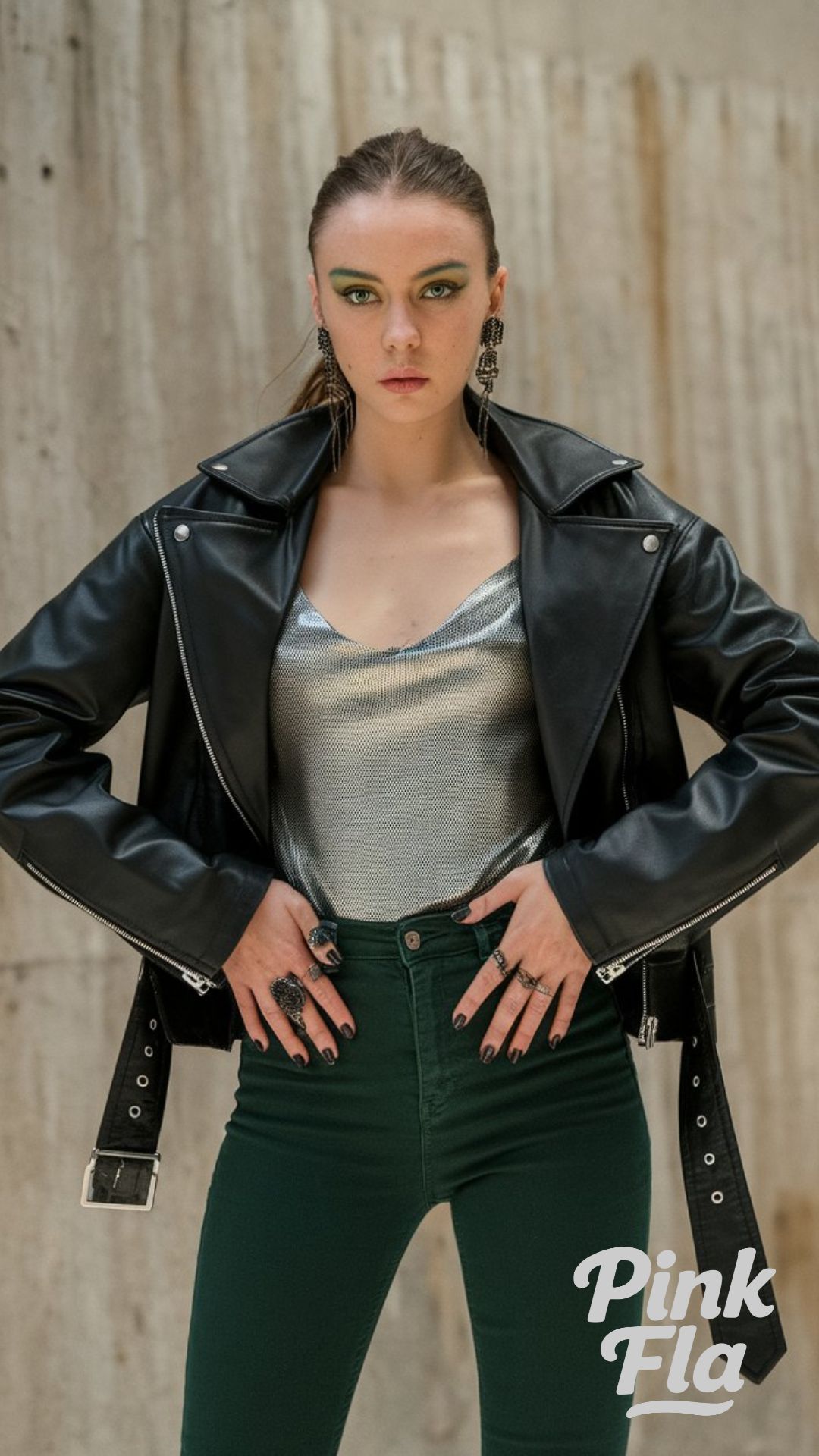 Edgy Leather Jacket with Metallic Top and Green Jeans - Green Jeans Outfits