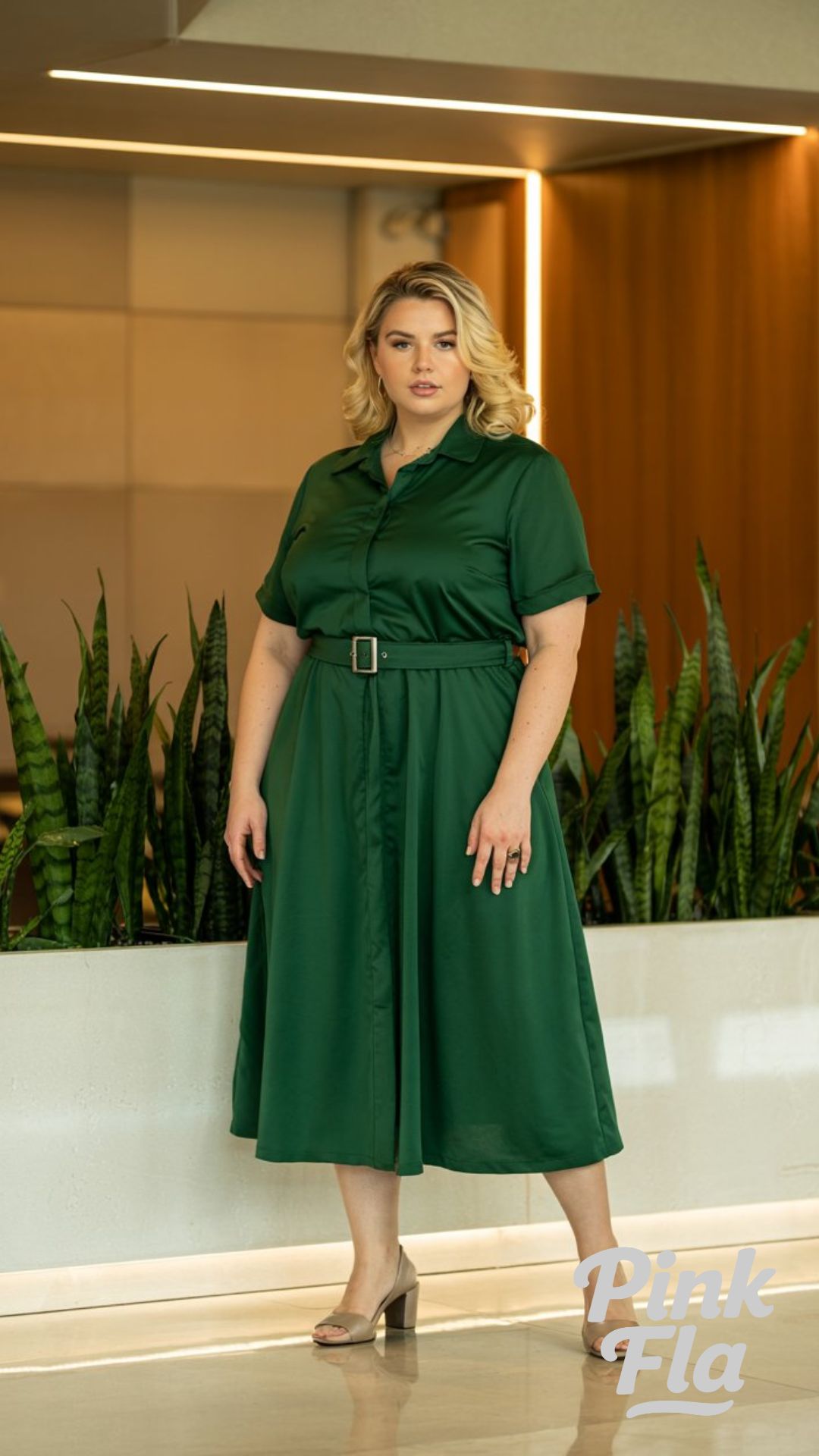 Effortless Elegance: Belted Satin Dress in Forest Green - Curvy Summer Business Outfits for Workdays