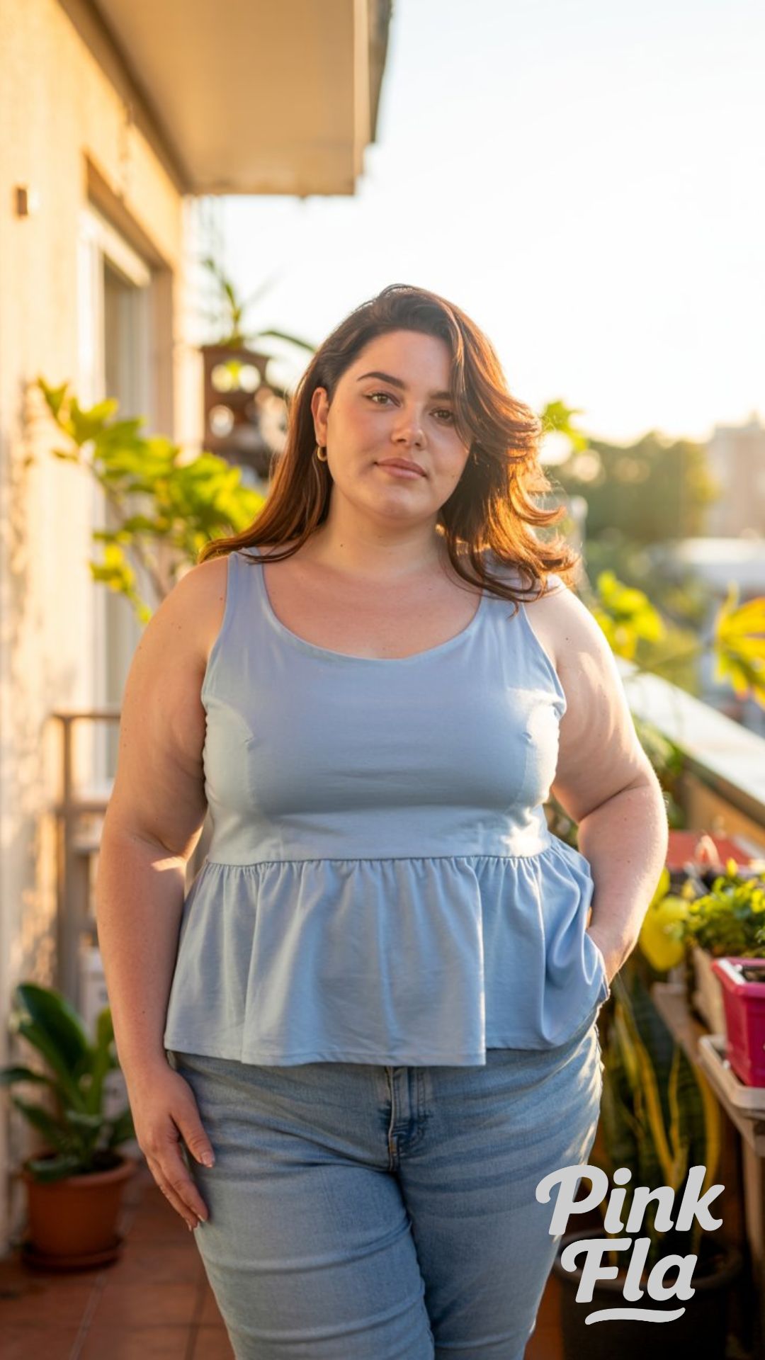 Golden Hour Glow in Soft Blue Peplum - Plus Size Summer Outfits with Jeans