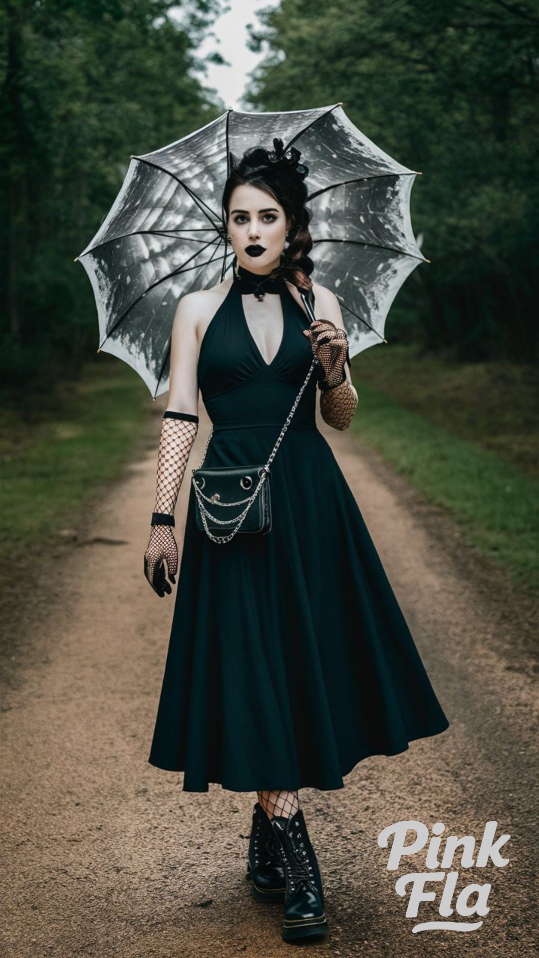 Halter Neck Dress and Fishnet Gloves - Summer Goth Outfits