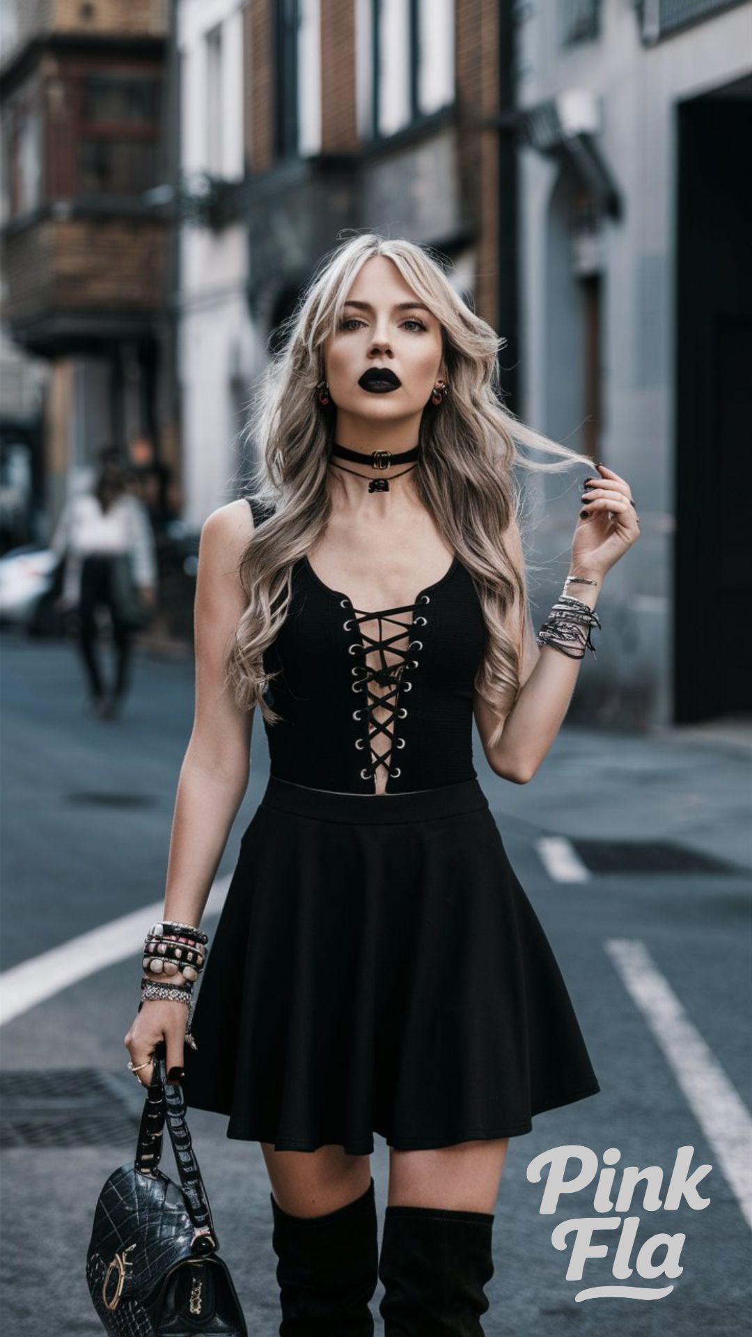 Lace-Up Bodysuit and Skater Skirt - Summer Goth Outfits