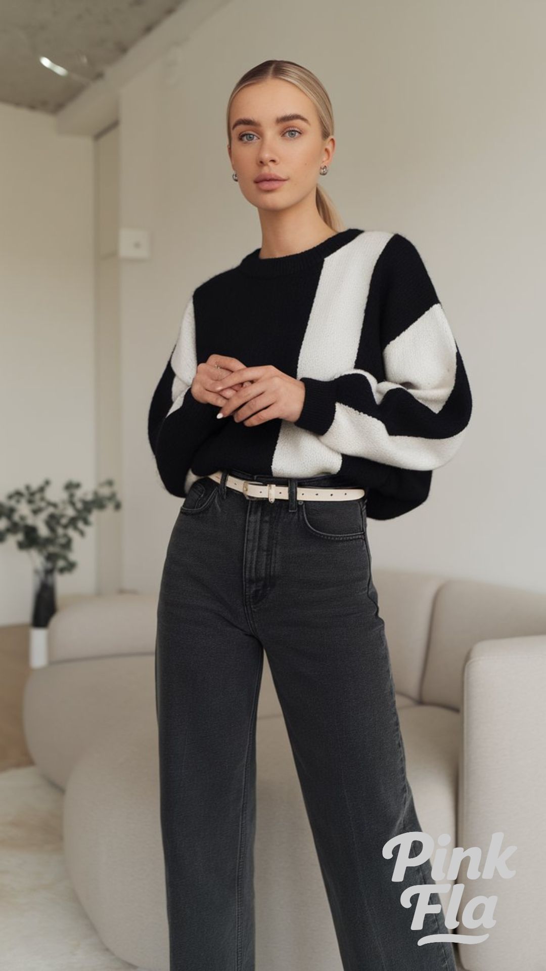 Minimalist Monochrome with a Statement Knit - Dark Denim Jeans Outfit