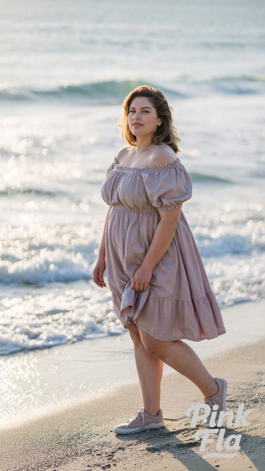 Off-Shoulder Ease by the Sea - Plus Size Summer Outfits with Sneakers