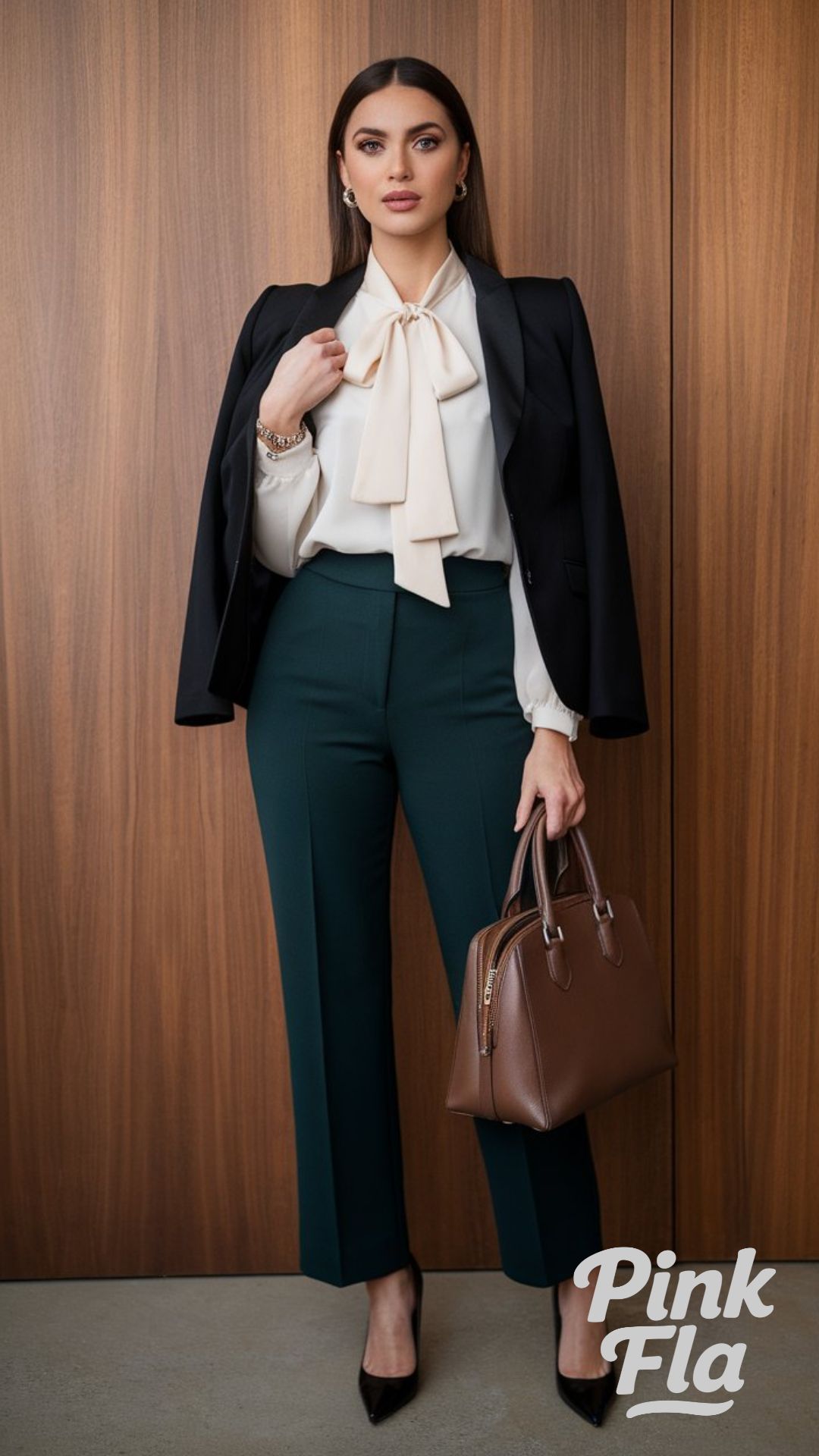 Professional Green Trousers and Bow Blouse Look - Green Jeans Outfits