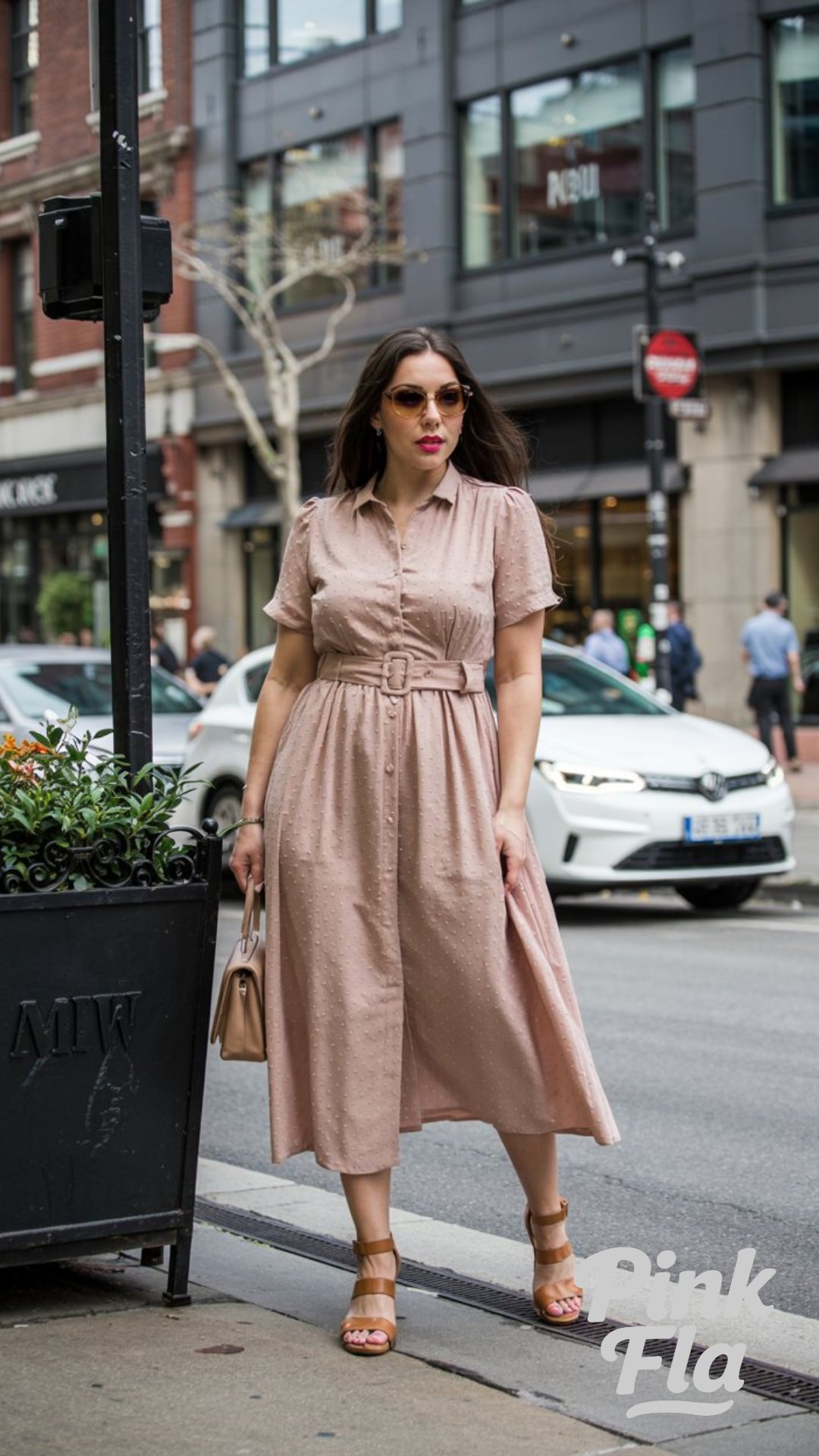 Refined Ease: Polka Dot Shirt Dress with Urban Edge - Curvy Summer Business Outfits for Workdays