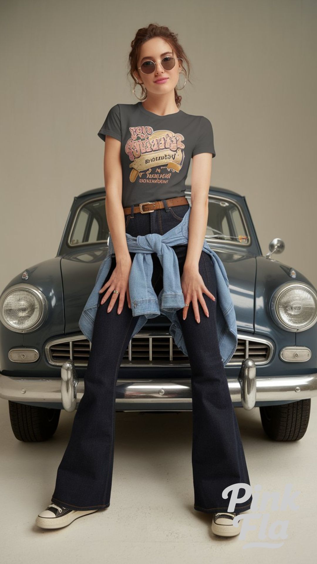 Retro Vibes with a Graphic Tee and Flared Jeans - Dark Denim Jeans Outfit