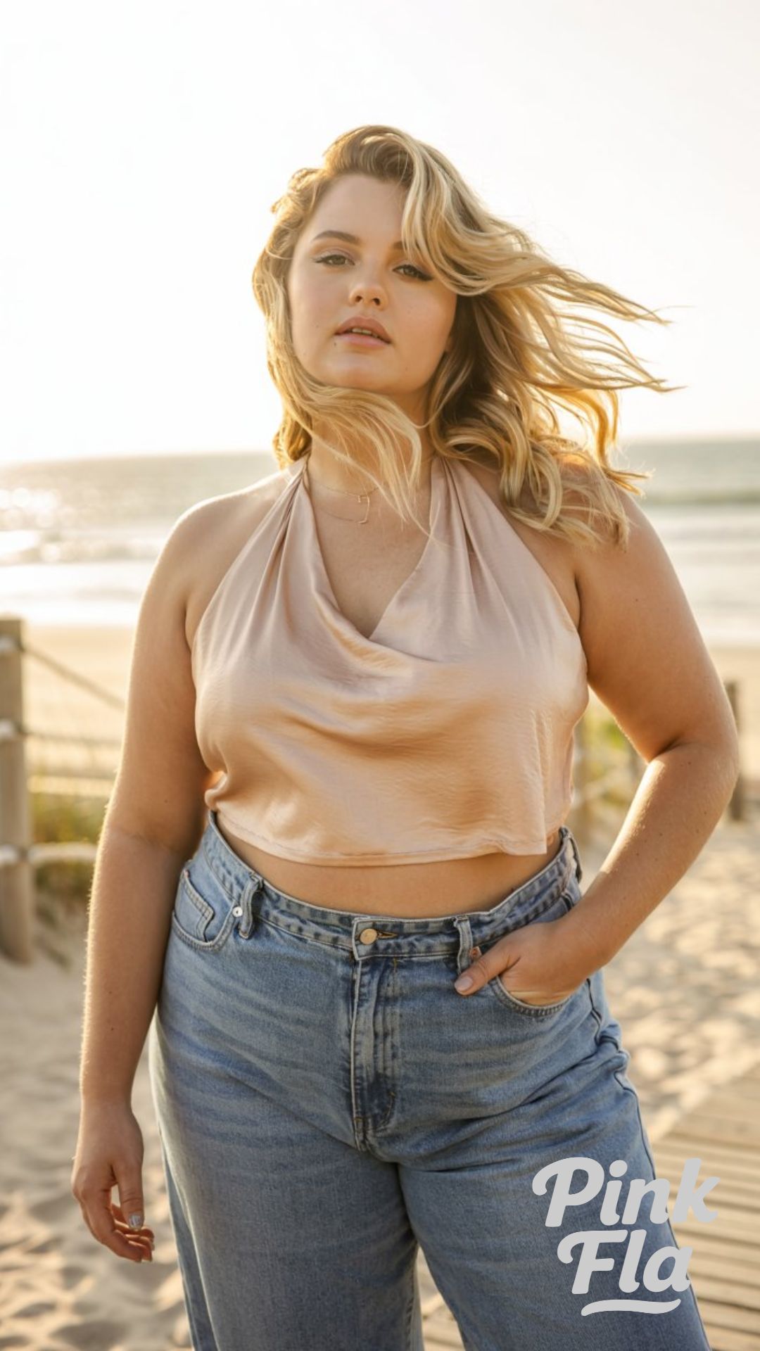 Satin Breeze: Effortless Chic by the Water - Plus Size Summer Outfits with Jeans