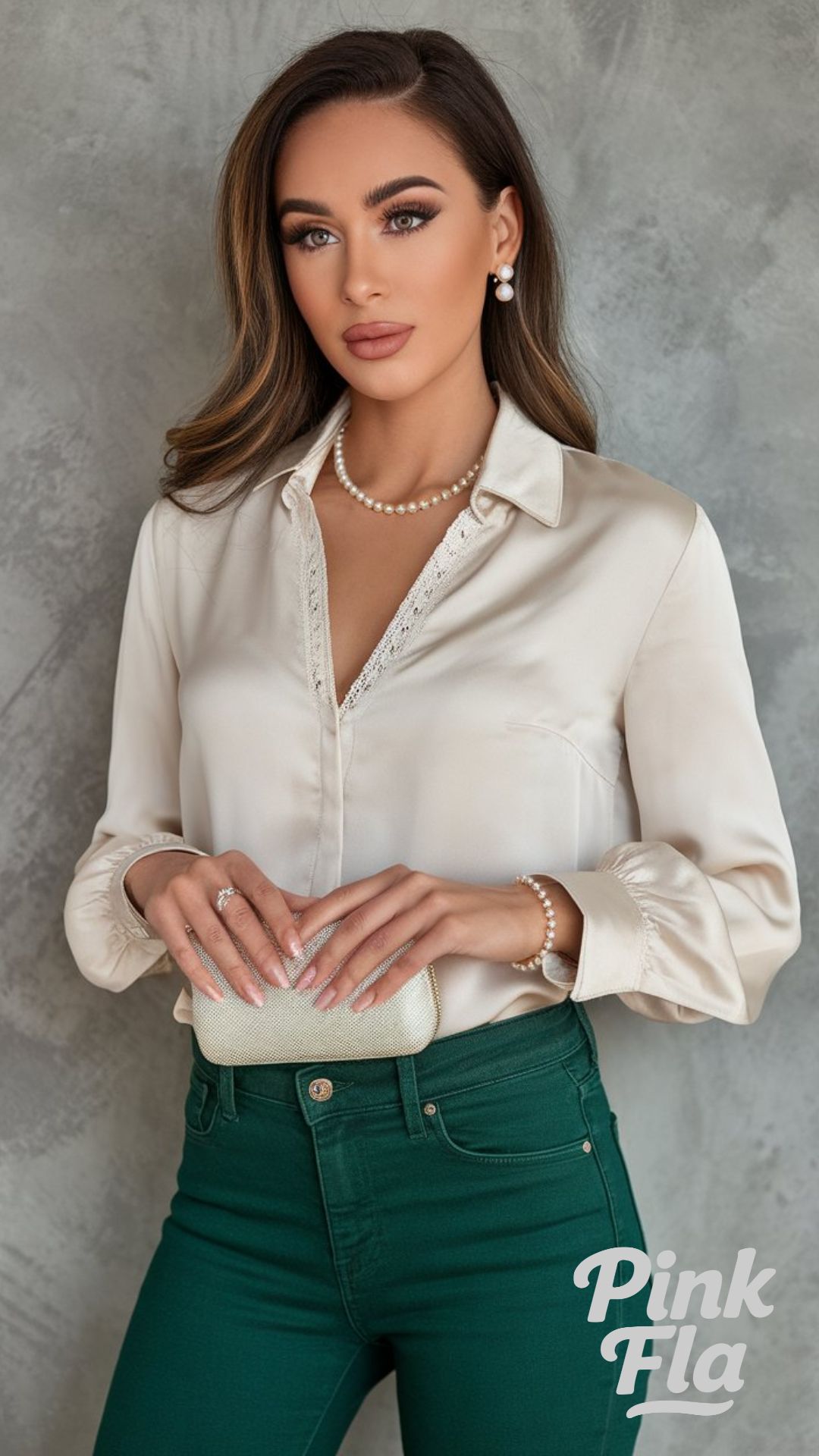 Sophisticated Satin Blouse with Green Jeans - Green Jeans Outfits