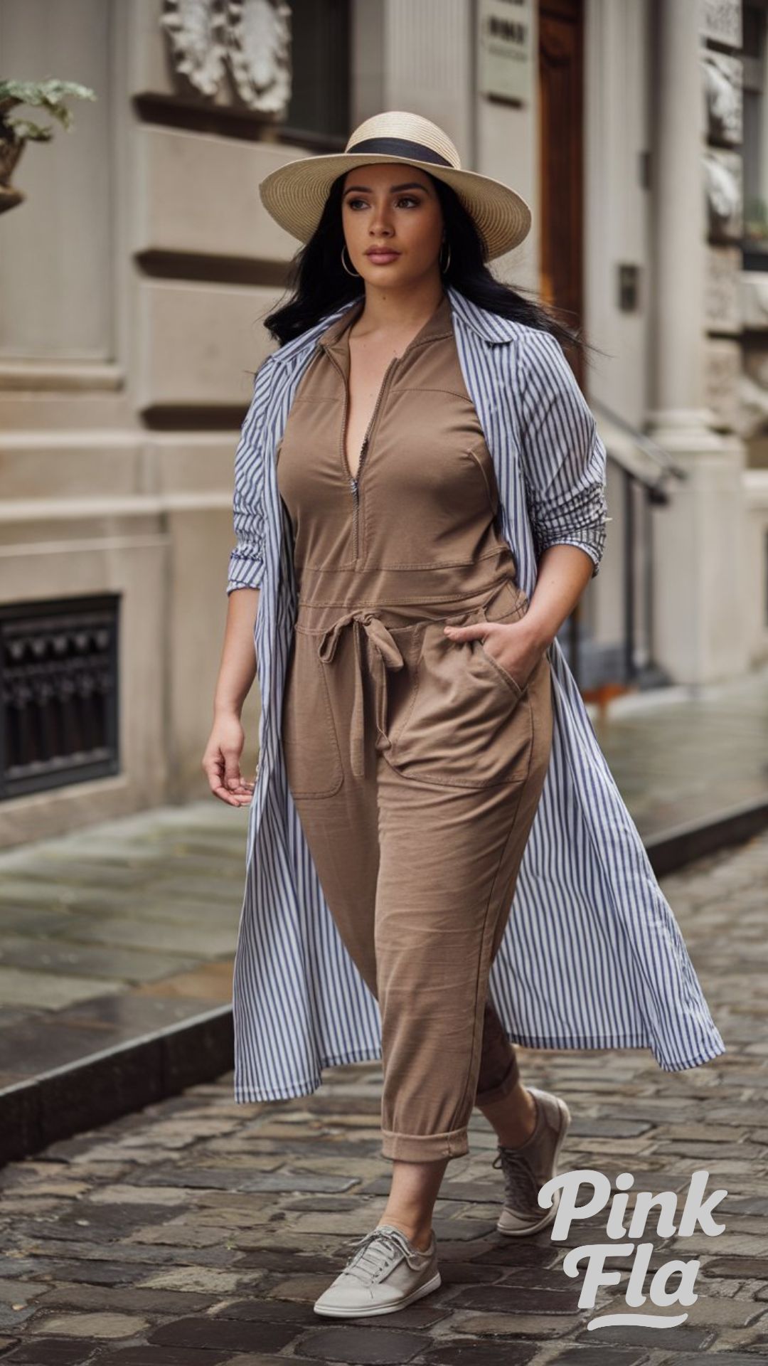 Urban Comfort in a Neutral Summer Jumpsuit - Casual Summer Outfits for Curvy Women