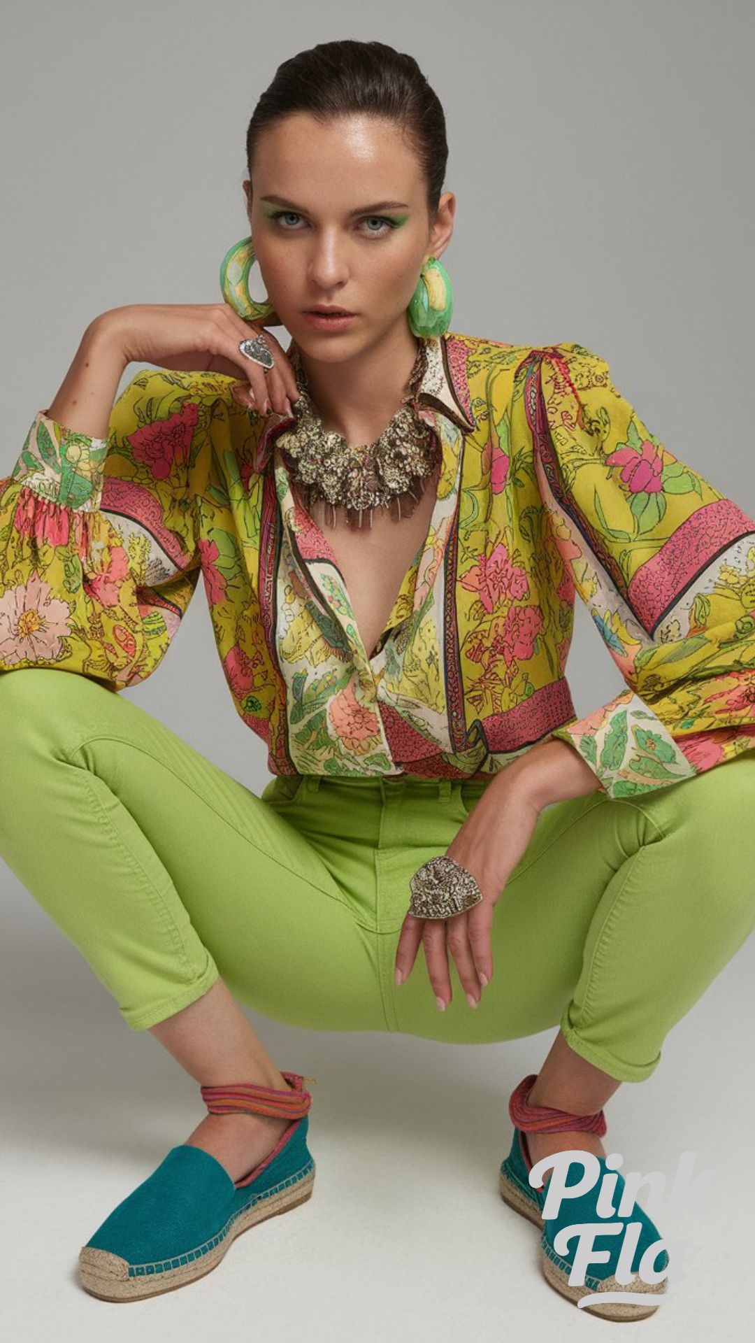 Vibrant Floral Shirt with Lime Trousers - Green Jeans Outfits