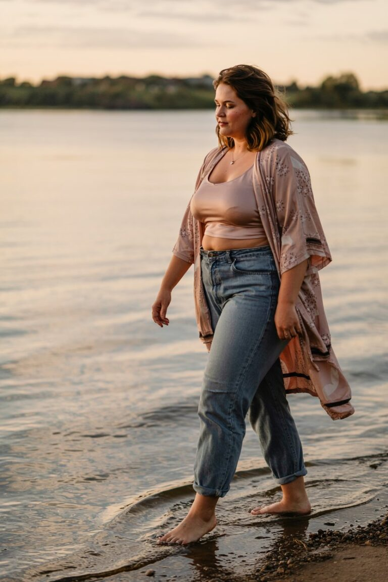 Coastal Calm: Layered Neutrals at Dusk - Plus Size Summer Outfits with Jeans