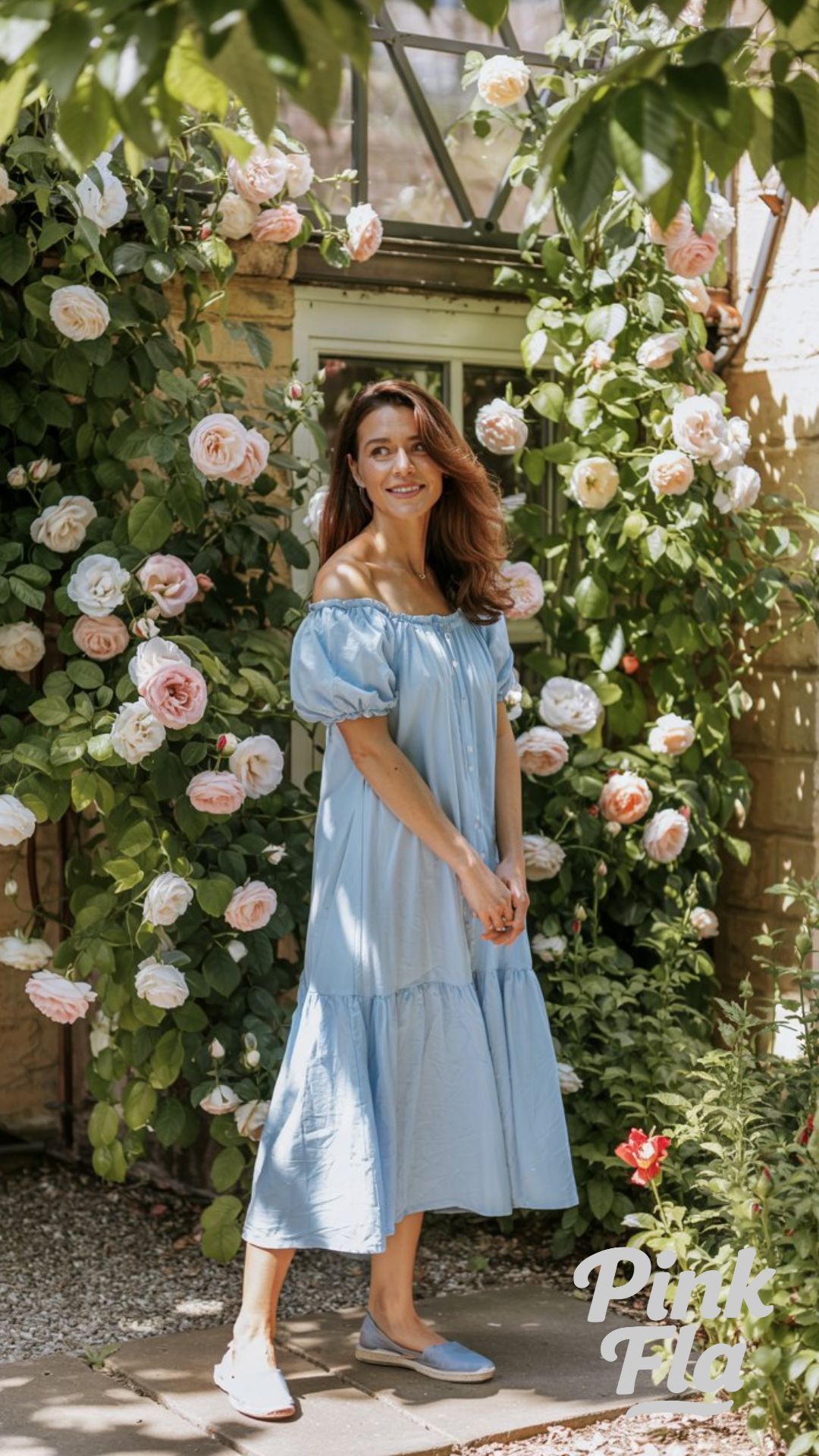 Blue Skies & Florals: Romantic Off-Shoulder Dress for Garden Walks - Everyday Summer Outfit
