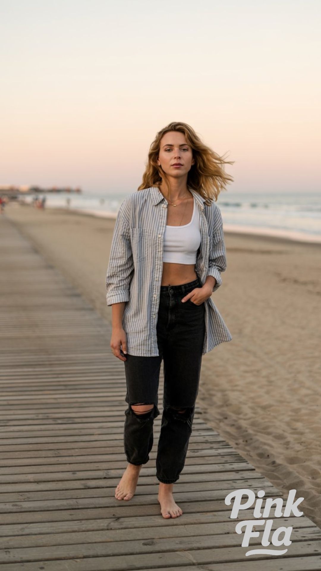 Boardwalk Evenings: Barefoot Ease in Stripes and Denim - Black Jeans Summer Outfit