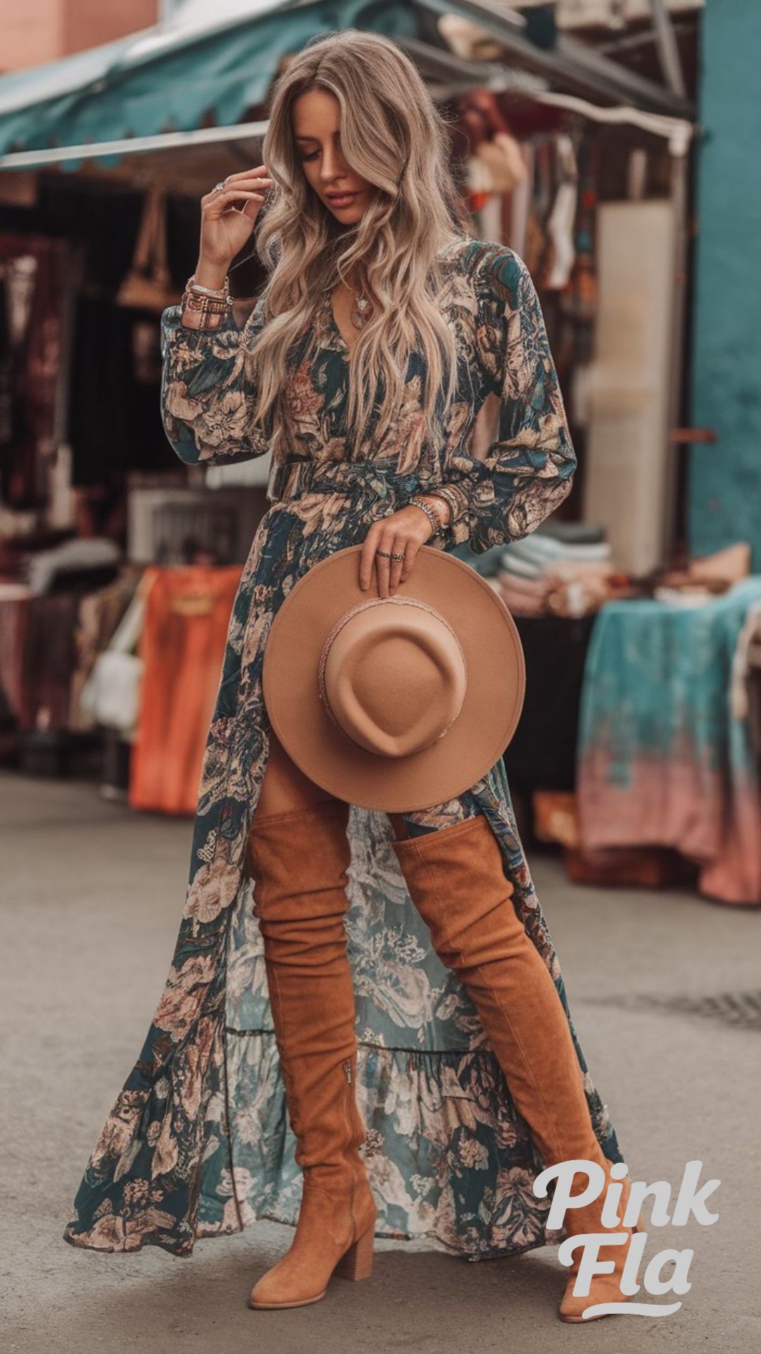 Bohemian Elegance in a Floral Maxi Dress - Thigh-High Boots Outfits