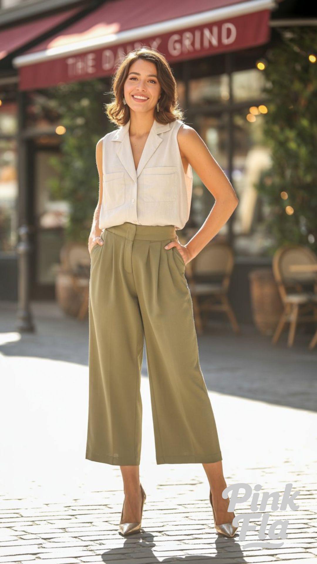 Effortless Office Days in Olive and White Summer Outfits with Heels