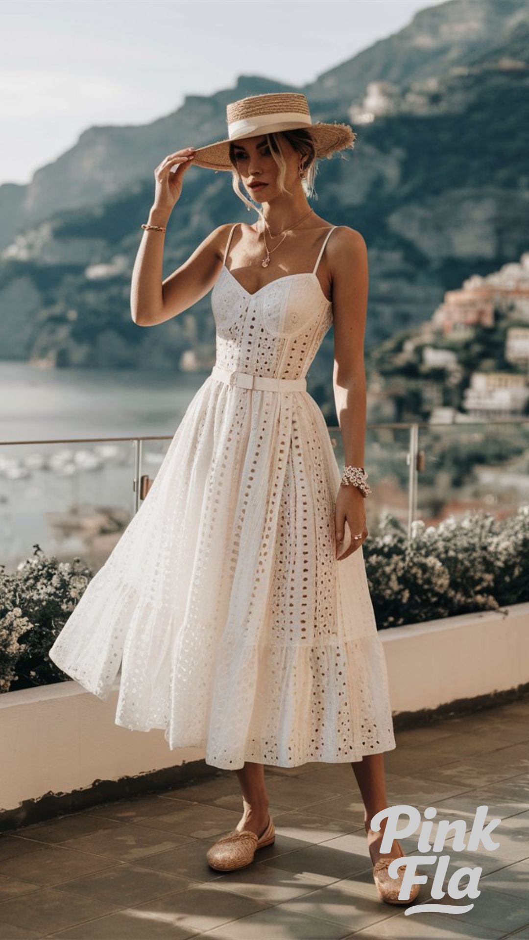 Elegant Lace Dress and Sun Hat - Almalfi Coast Outfits