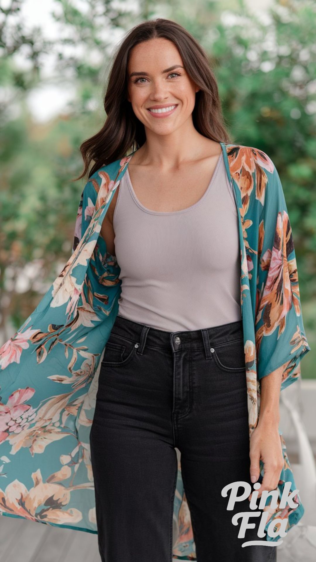 Floral Breeze: Easy Elegance with a Touch of Boho - Black Jeans Summer Outfit