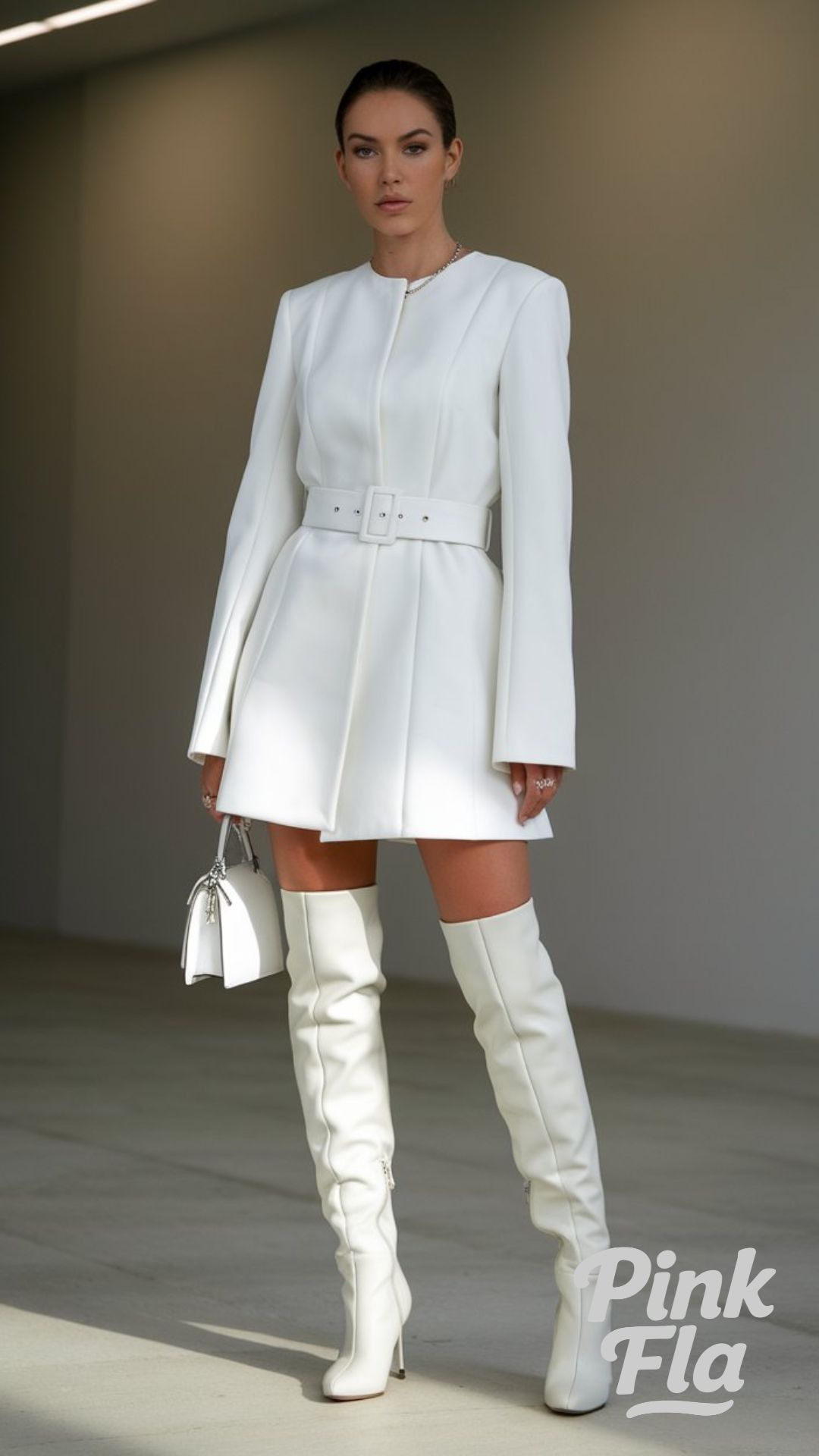 Minimalist All-White Ensemble with a Chic Twist - High-Knee Boots Outfits
