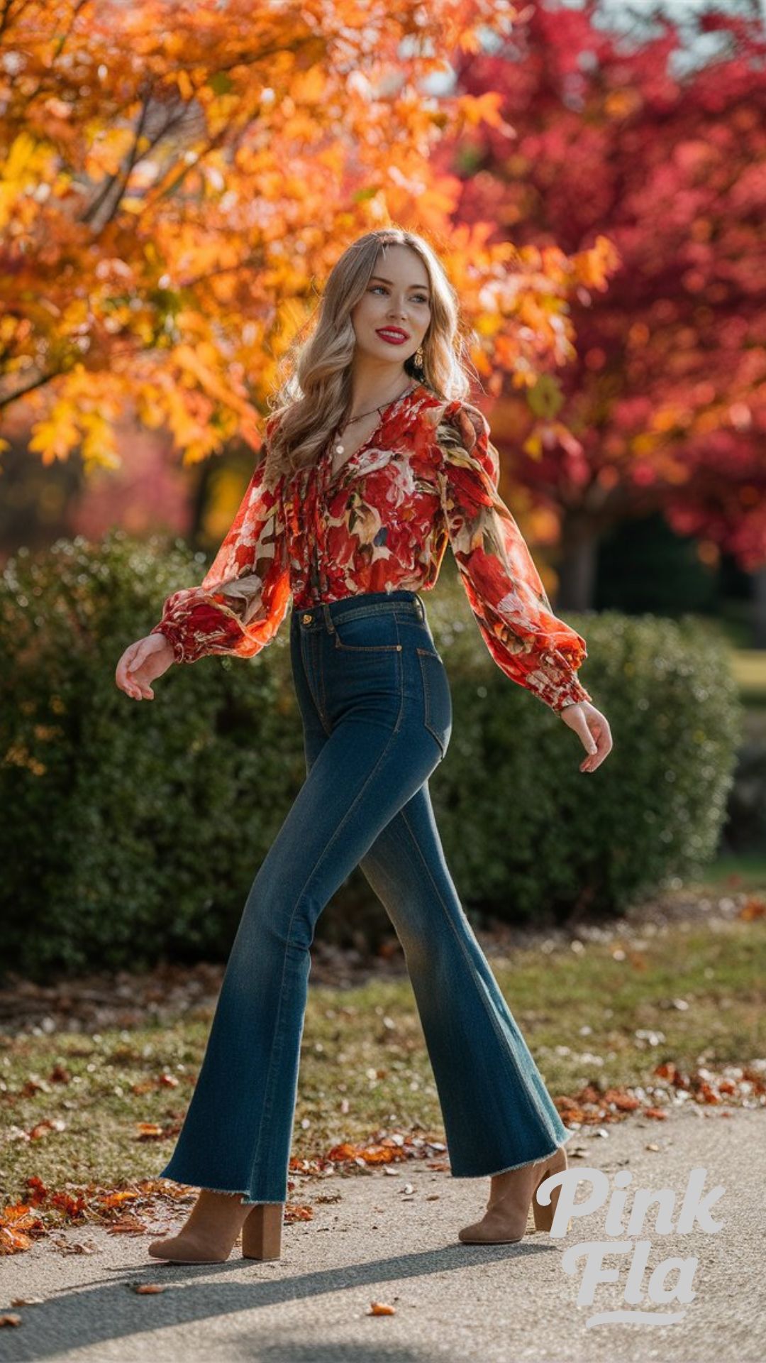 Floral Blouse and Flared Jeans - Fall Outfit Ideas with Jeans