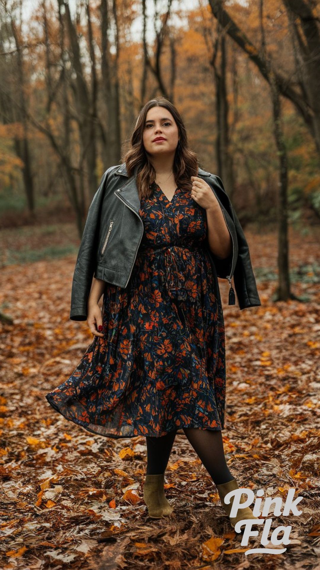 Floral Dress and Leather Jacket - Midsize Fall Outfits