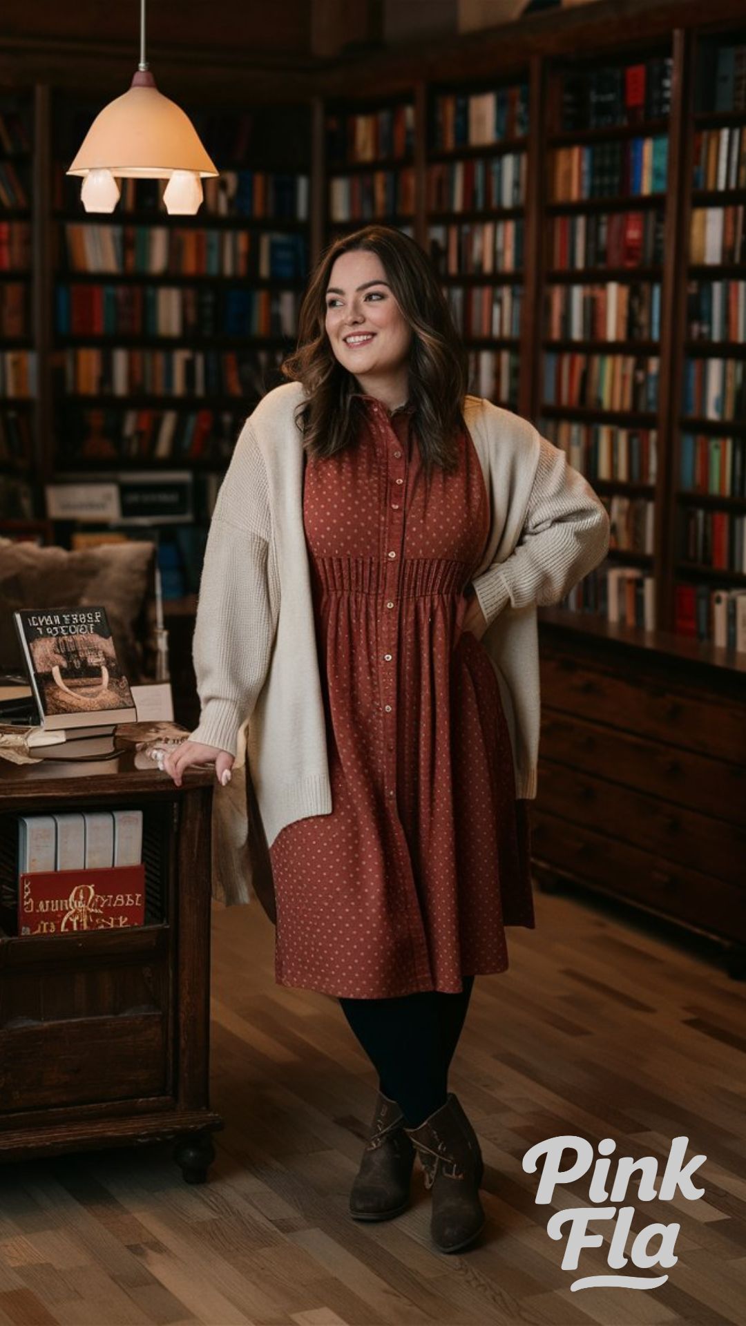 Rust Dress and Cardigan - Midsize Fall Outfits