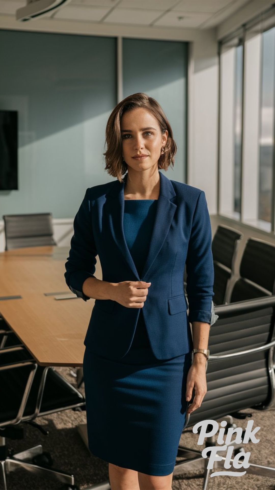 Sharp Navy Blazer and Dress Combo - Autumn Casual Business Outfits
