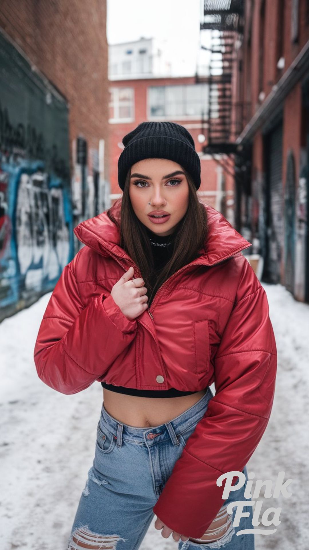Bold Urban Edge with a Red Cropped Puffer and Distressed Jeans - Winter Outfits with Puffer Jacket