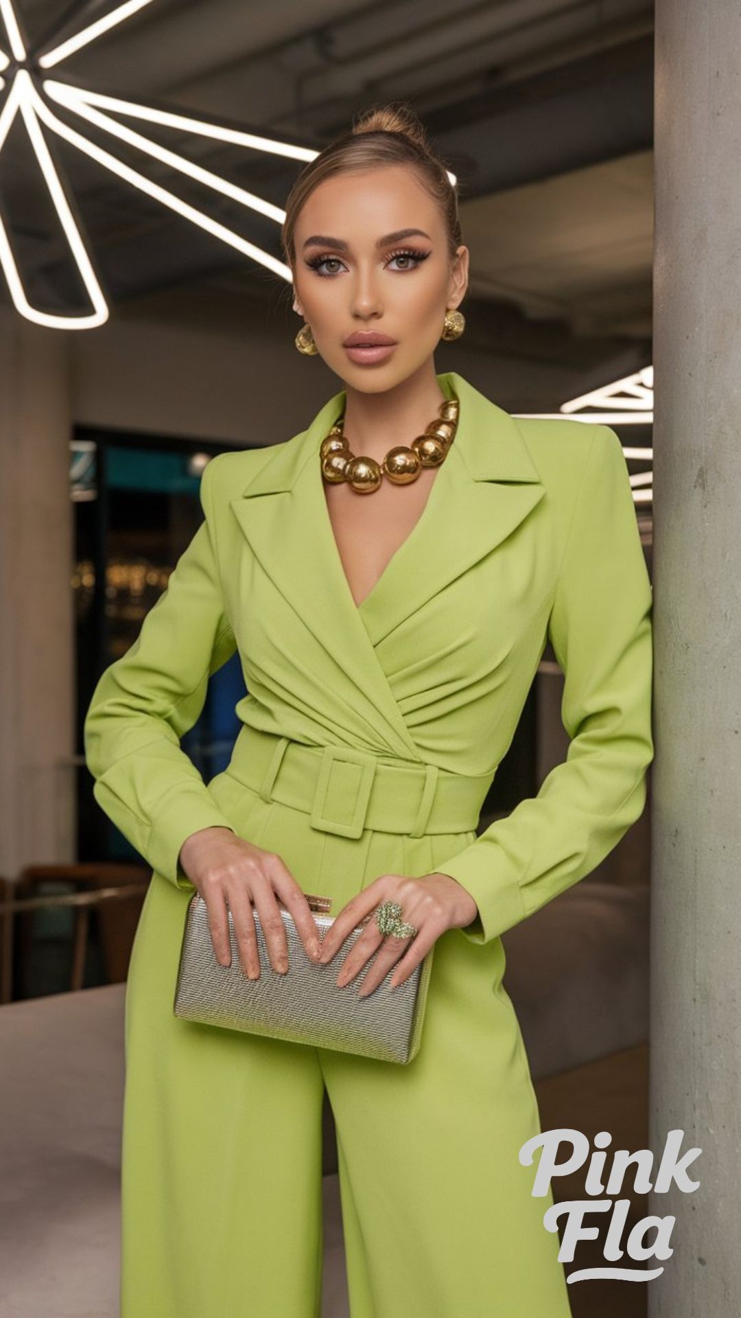 Bold and Polished: Lime Green Jumpsuit with Luxe Gold Accents - Christmas Outfits with Green Top